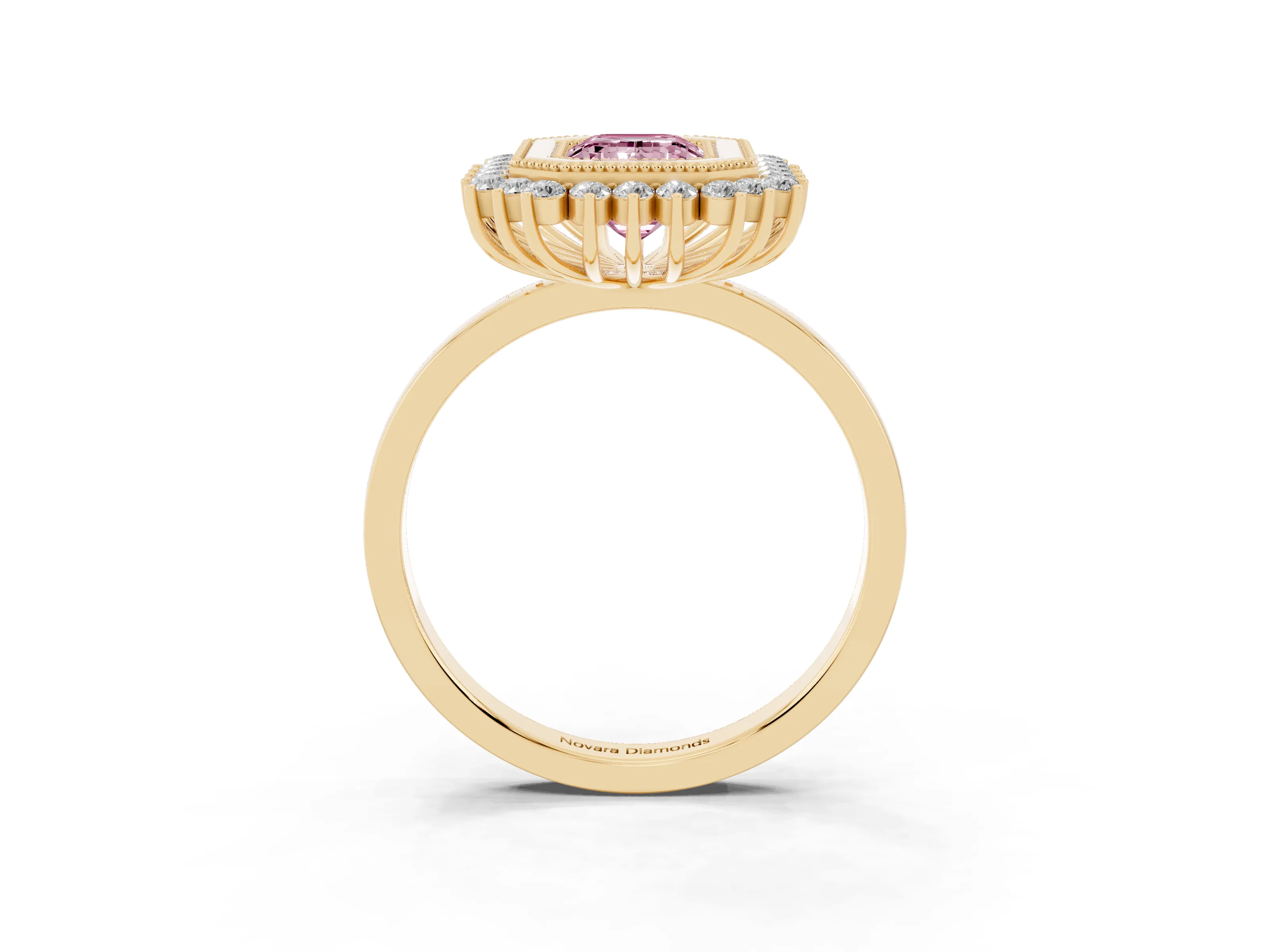 Fancy Pink Emerald Cut Diamond Halo Ring Set in Yellow gold with Milgrain Edge and Round Prong Setting