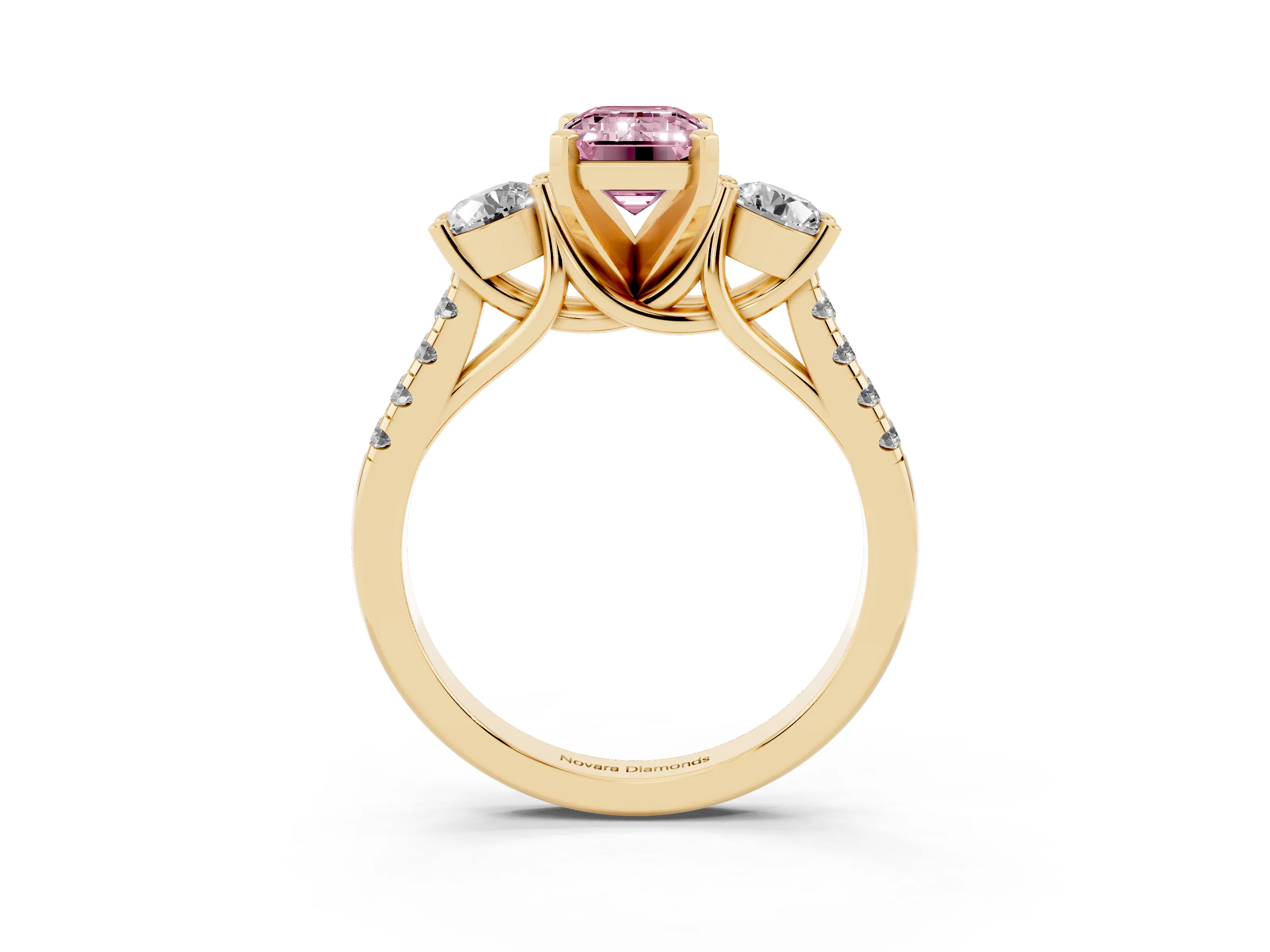 Fancy Pink Three-Stone Emerald Cut Diamond Pavé Band Ring Set in Yellow gold with Prong-Set Trio