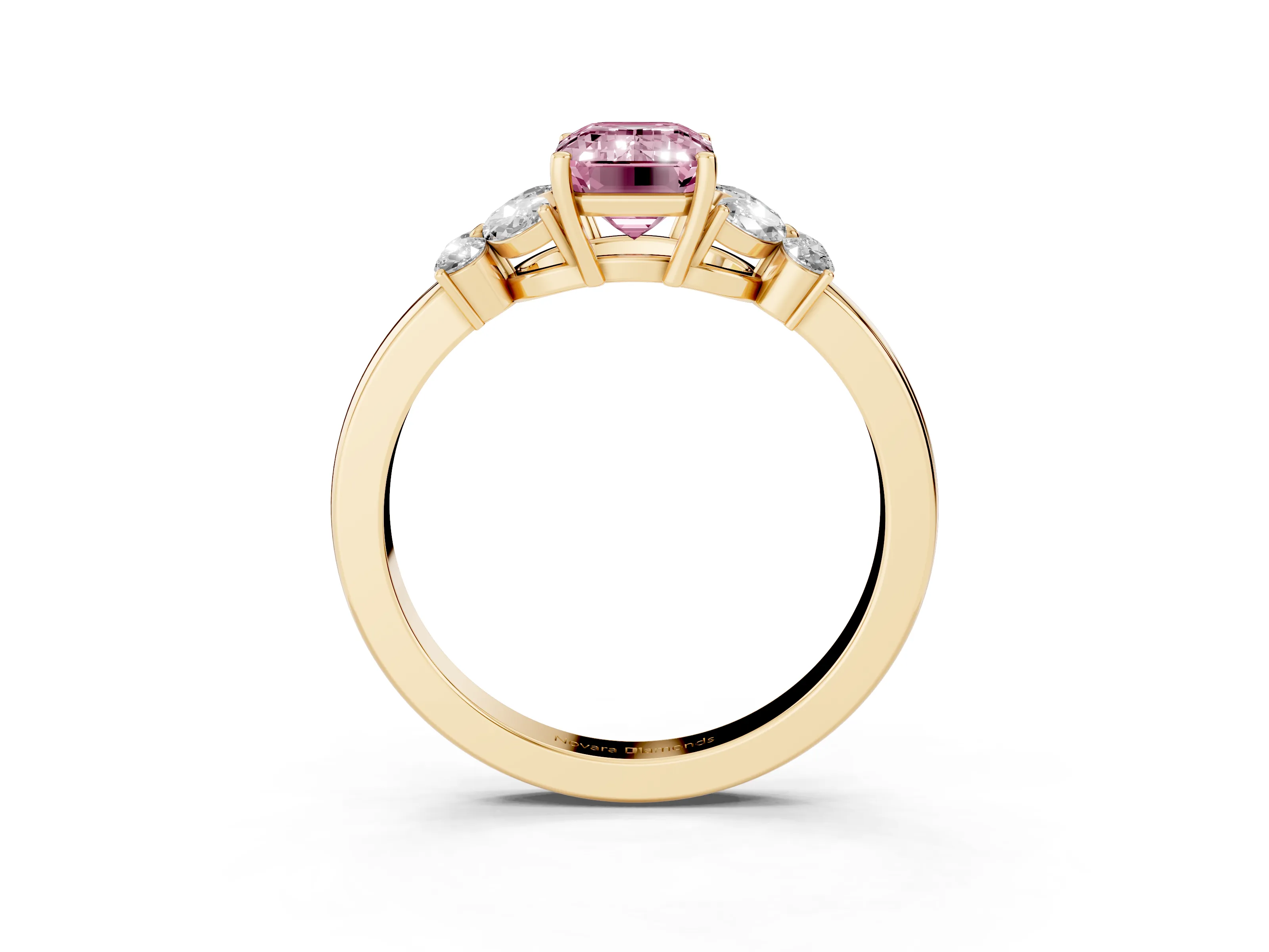 Fancy Pink Emerald Cut Diamond Solitaire Floral Ring Set in Yellow gold with Marquise Petals and Prong Setting