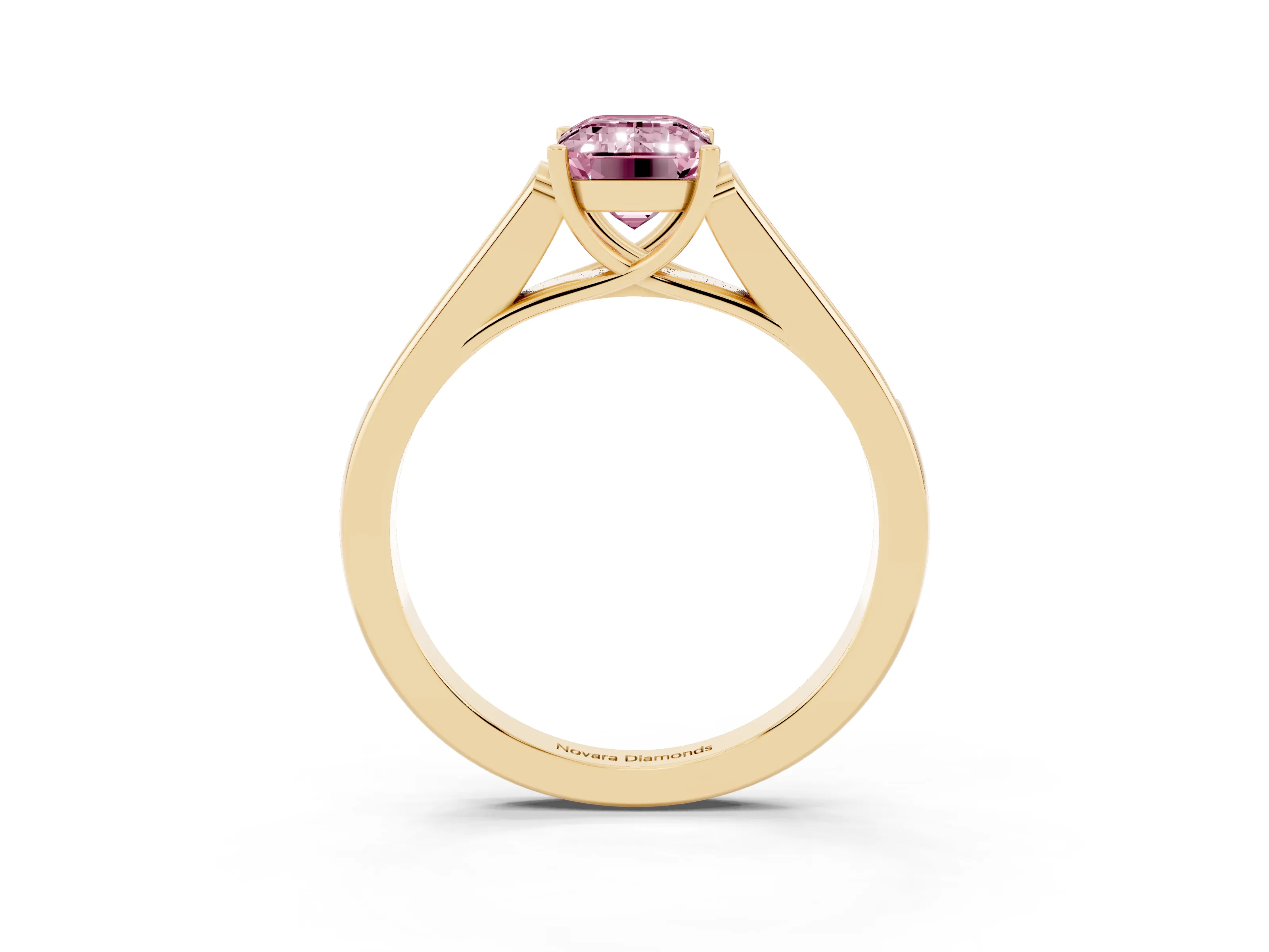 Fancy Pink Emerald Cut Diamond Solitaire Cathedral Engagement Ring Set in Yellow gold with Channel-Set Band and Prong Setting