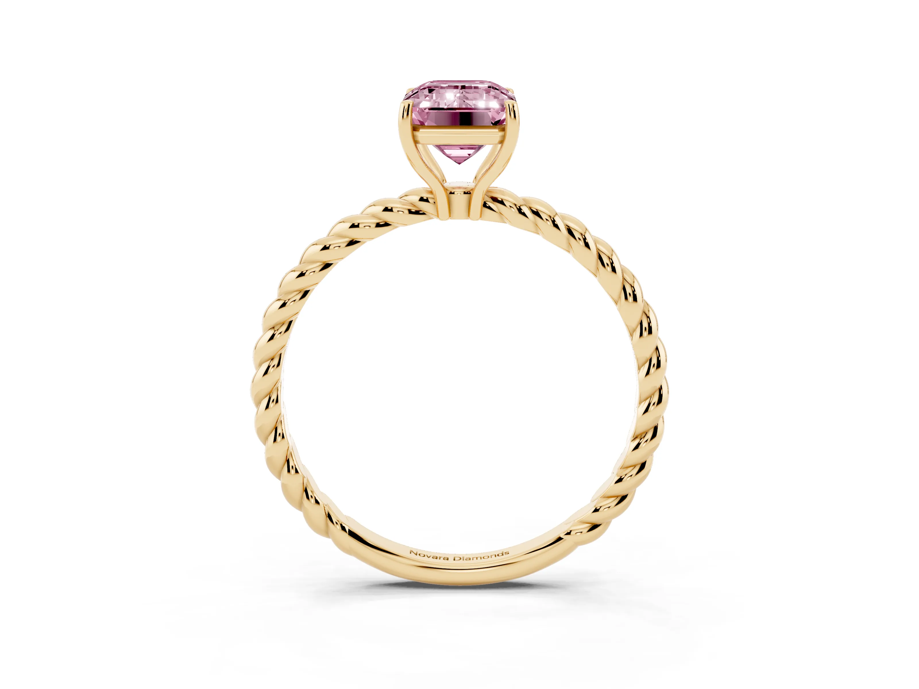 Fancy Pink Emerald Cut Diamond Solitaire Ring Set in Yellow gold with Twist Band and Prong Setting