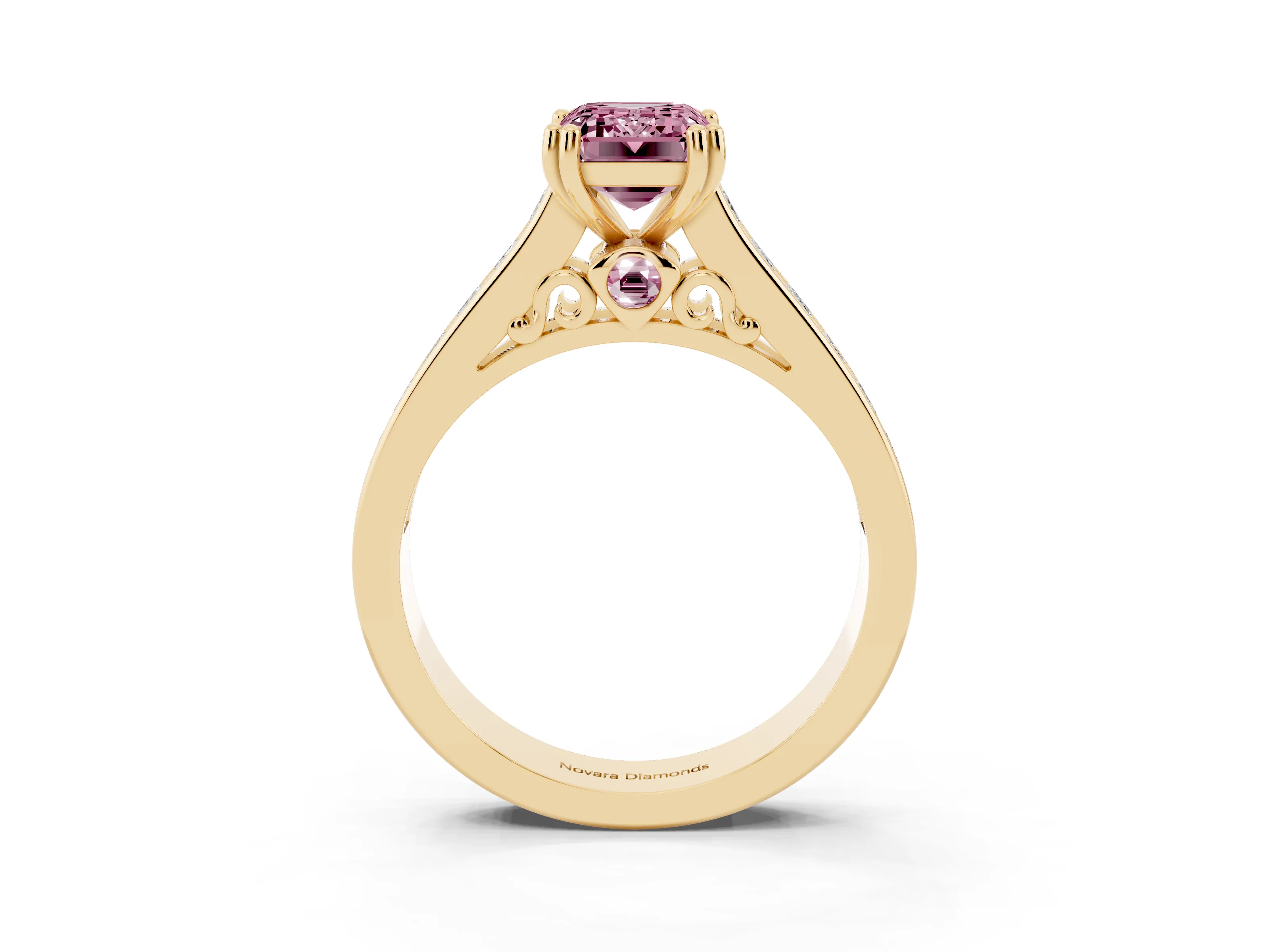 Fancy Pink Emerald Cut Diamond Channel Set Solitaire Engagement Ring Set in Yellow gold with Prong Setting