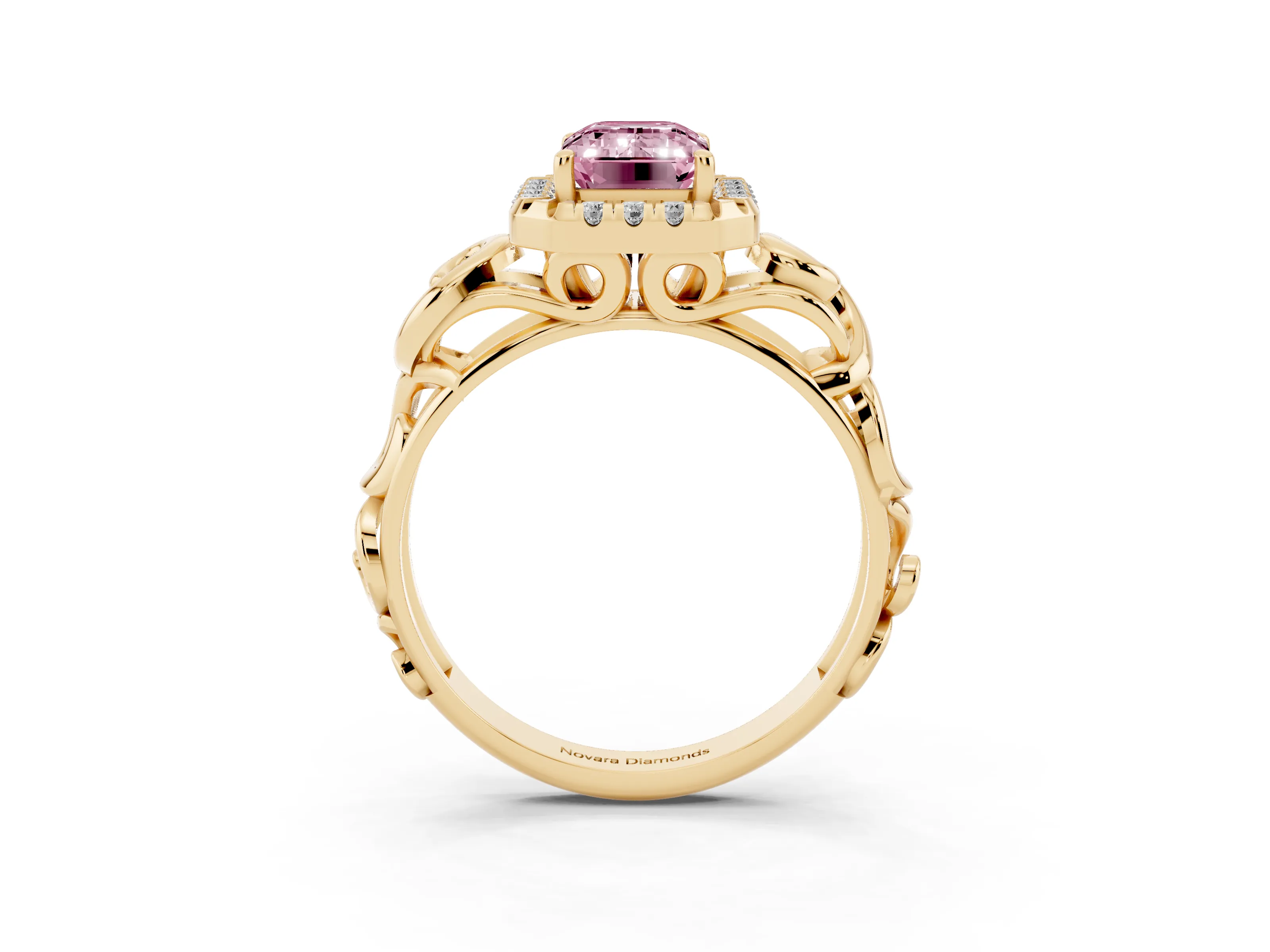 Fancy Pink Emerald Cut Diamond Halo Ring Set in Yellow gold with Scrollwork Band and Prong Setting