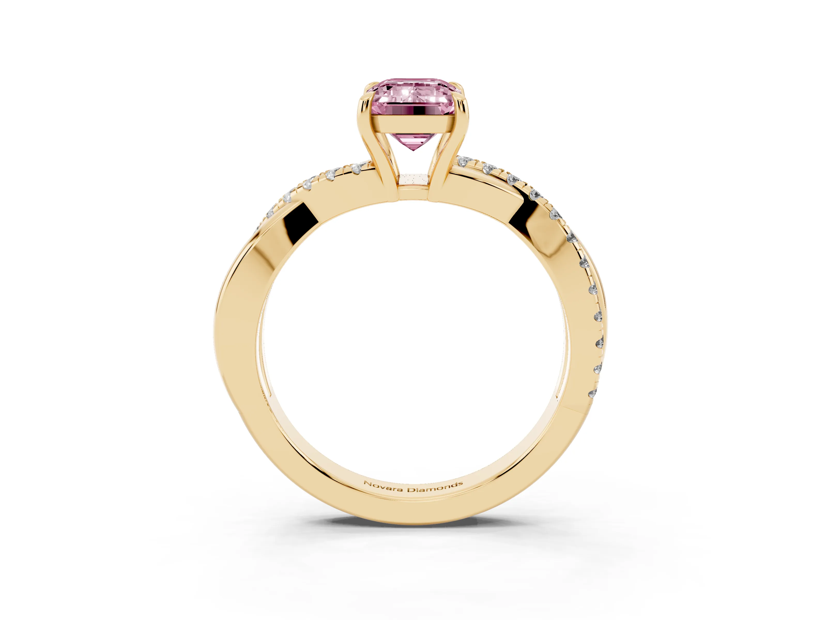 Fancy Pink Emerald Cut Diamond Twisted Pavé Band Ring Set in Yellow gold with Prong Setting
