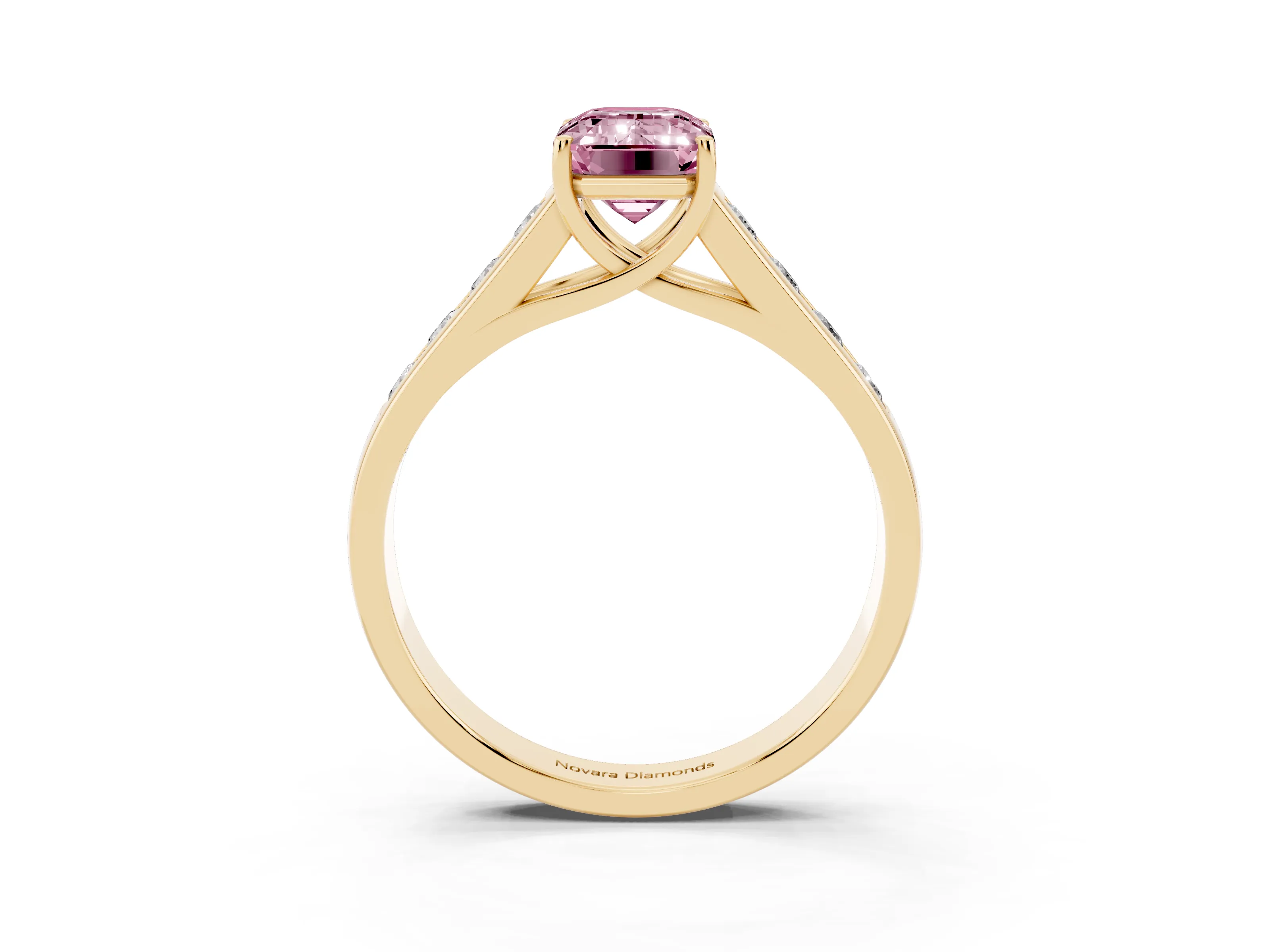 Fancy Pink Emerald Cut Diamond Brilliant Channel-Set Solitaire Ring Set in Yellow gold with Prong Setting