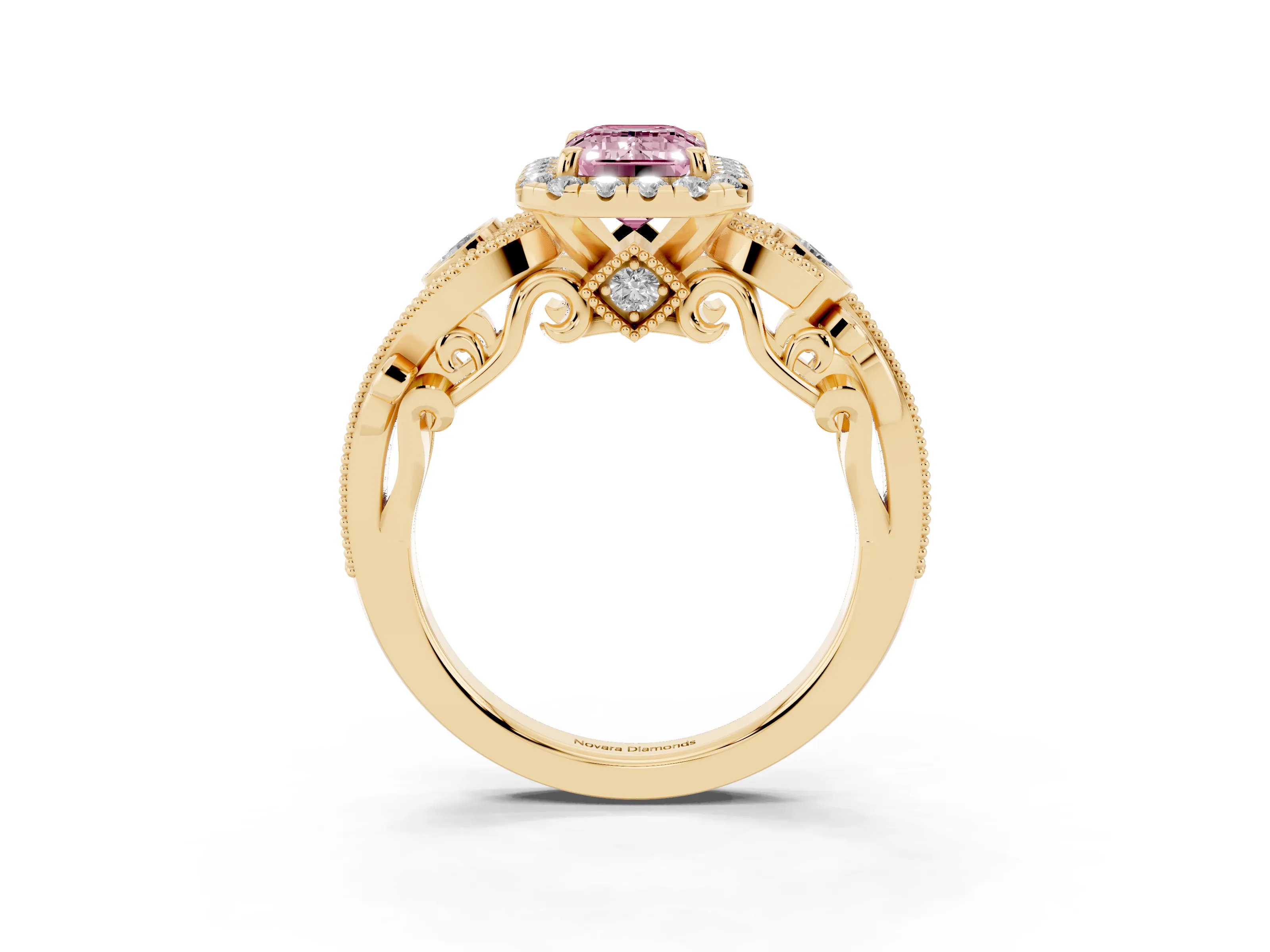 Fancy Pink Emerald Cut Diamond Halo Ring Set in Yellow gold with Milgrain Pavé Band and Prong Setting