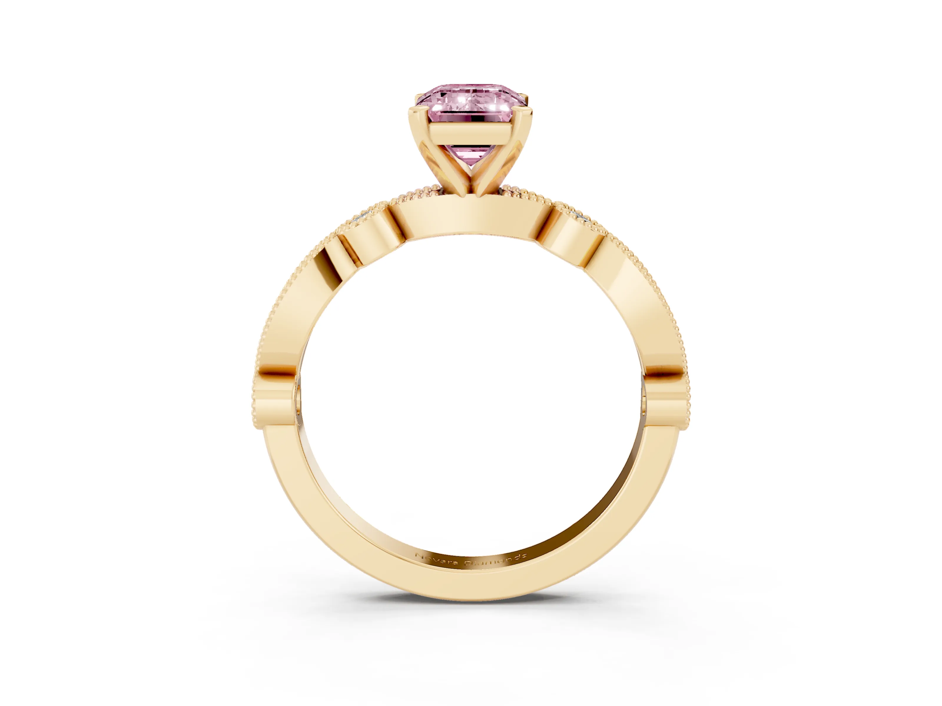 Fancy Pink Emerald Cut Diamond Solitaire Engagement Ring Set in Yellow gold with Milgrain Bezel Accent Band