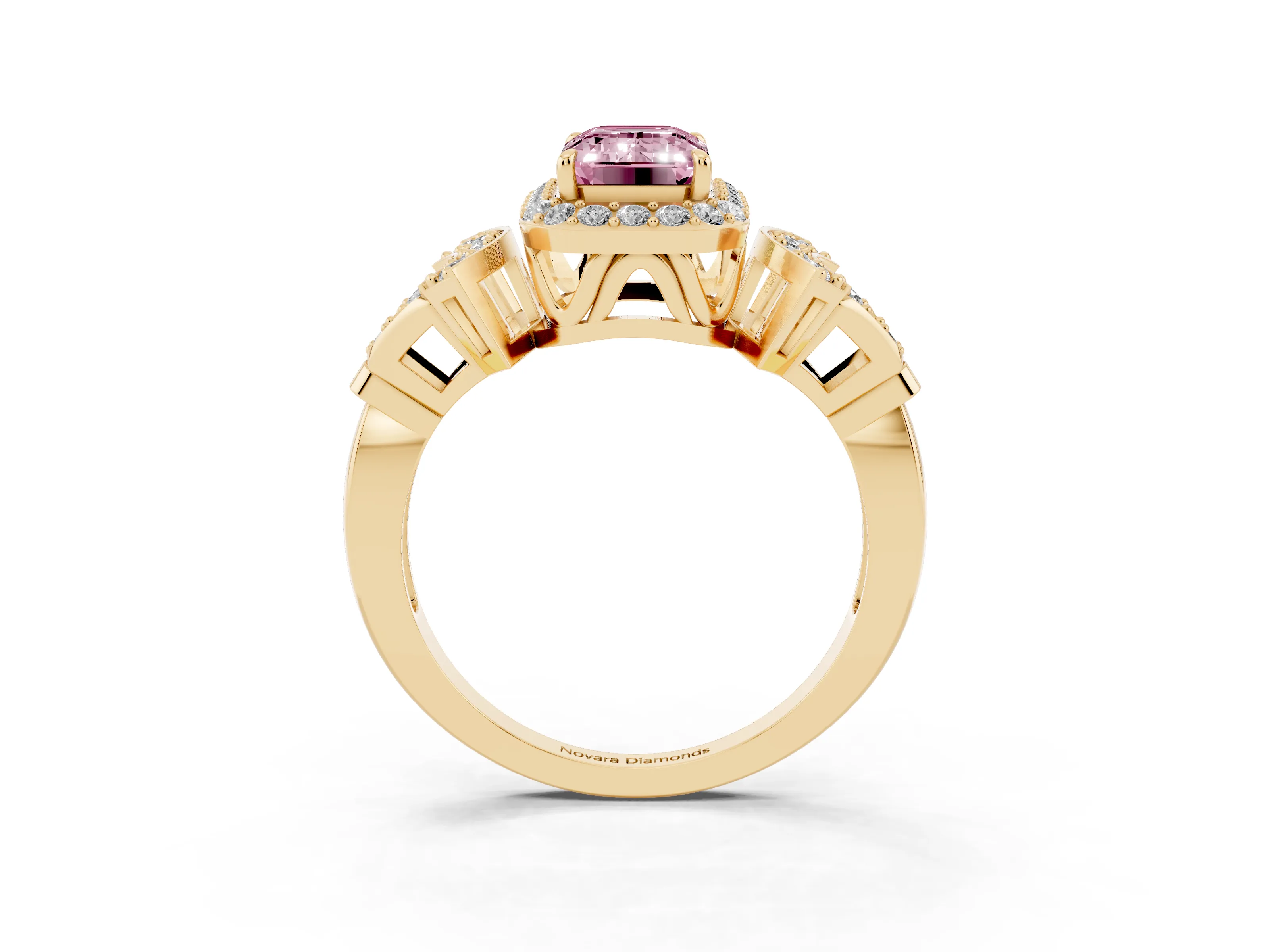 Fancy Pink Emerald Cut Diamond Halo Engagement Ring Set in Yellow gold with Accent Stone Split Shank