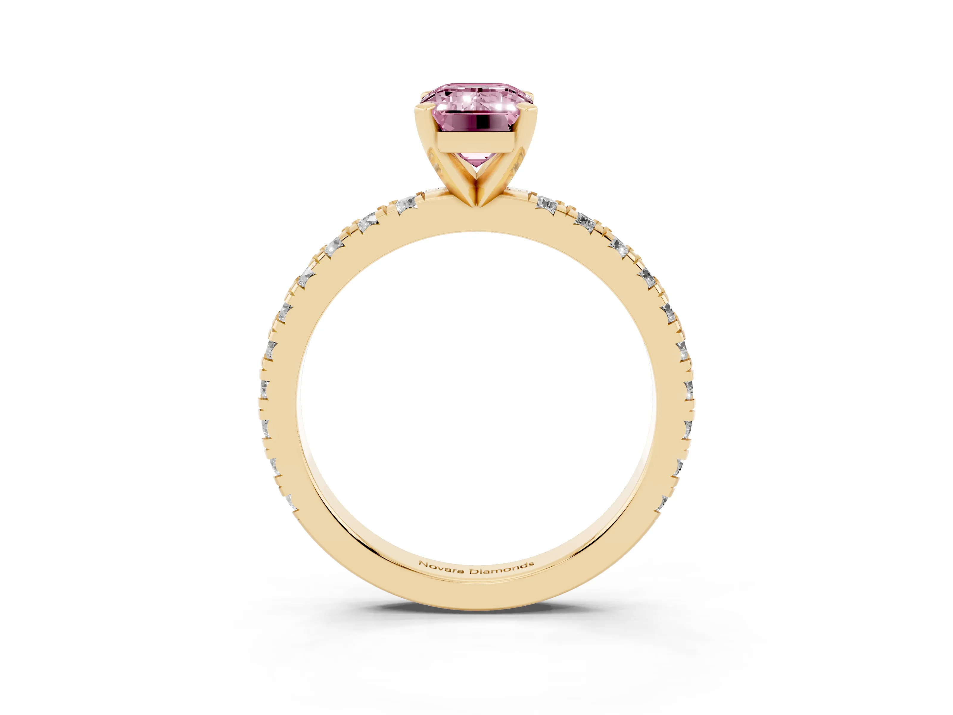 Fancy Pink Emerald Cut Diamond Pavé Band Solitaire Set in Yellow gold with Prong Setting