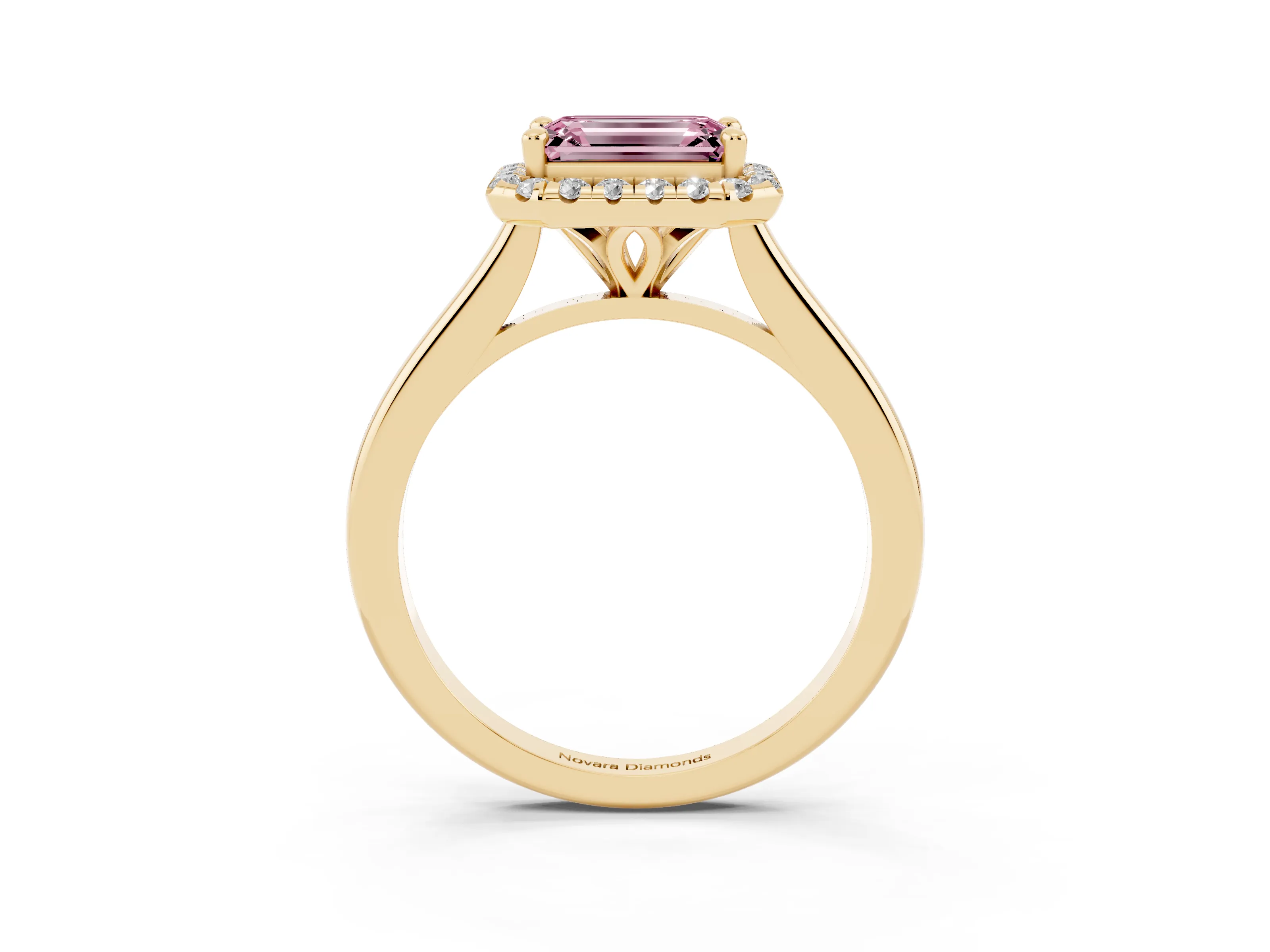 Fancy Pink Emerald Cut Diamond Halo Engagement Ring Set in Yellow gold with Pavé Band and Rising Shoulders