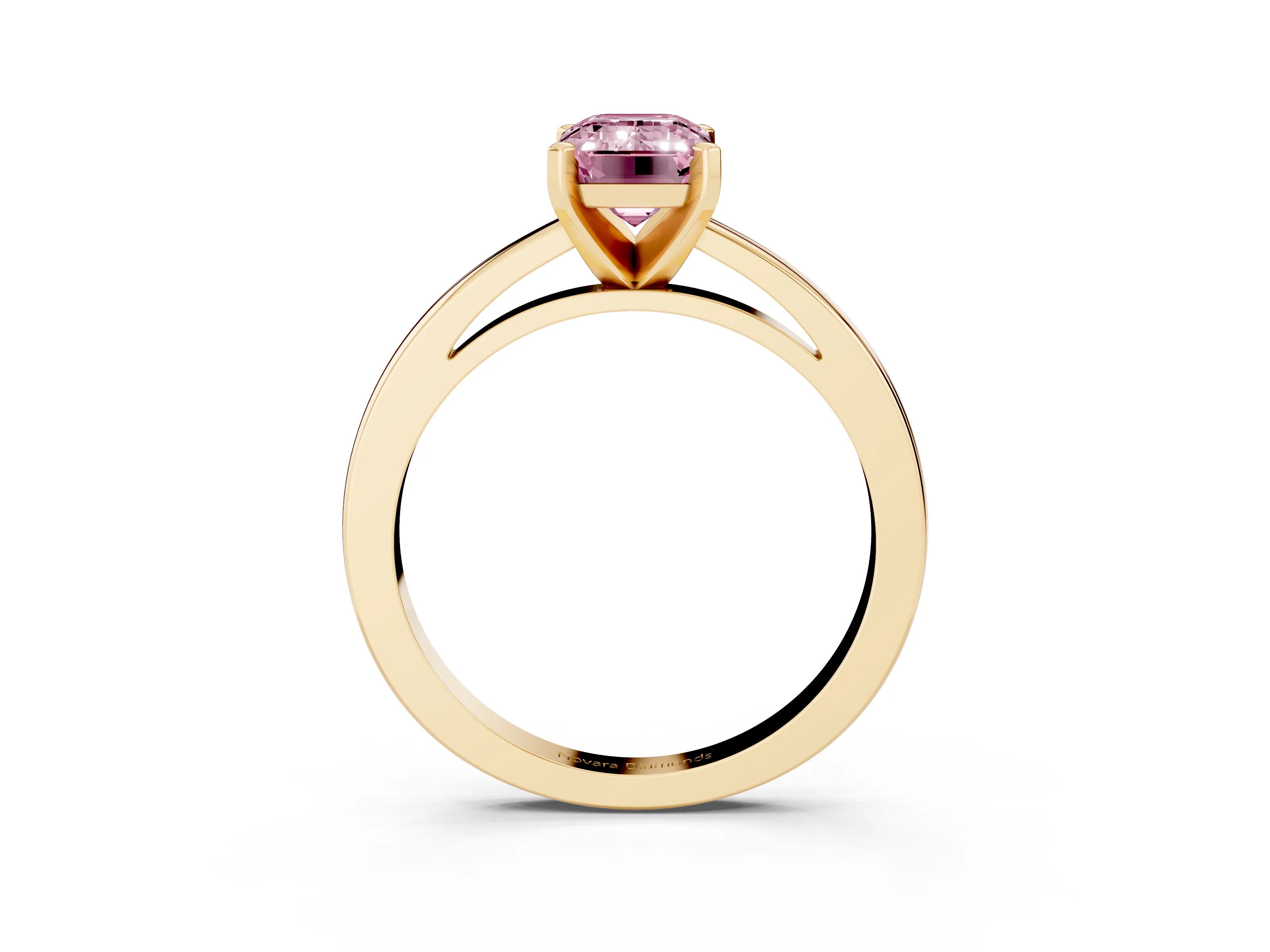 Fancy Pink Emerald Cut Diamond Solitaire Engagement Ring Set in Yellow gold with Prong Setting on a Classic Band