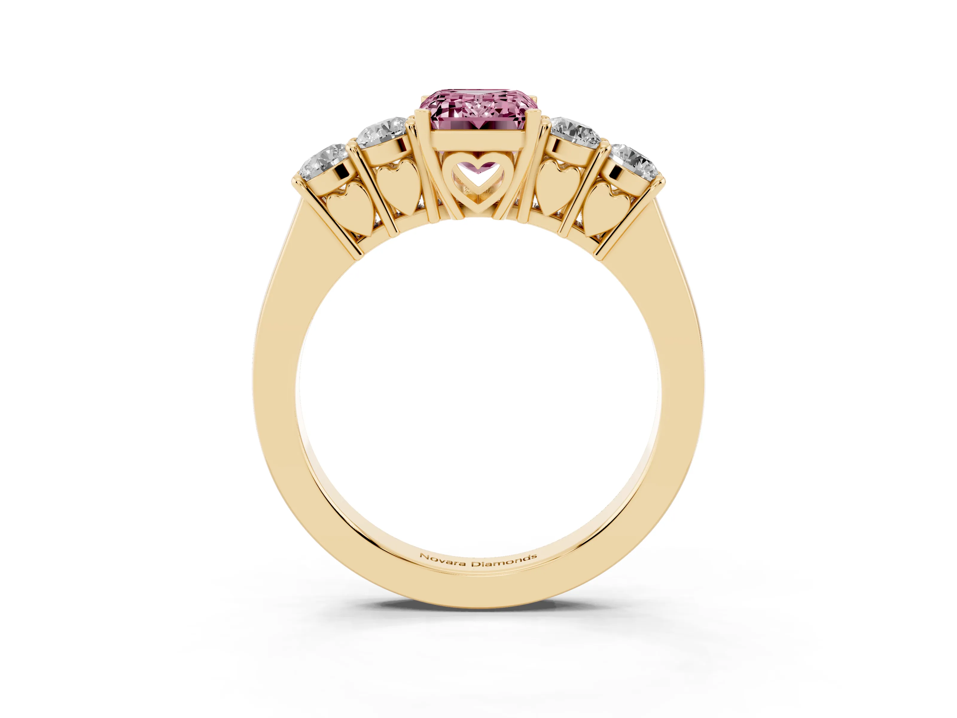Fancy Pink Emerald Cut Diamond Five-Stone Prong Set Band Ring Set in Yellow gold with Polished Band