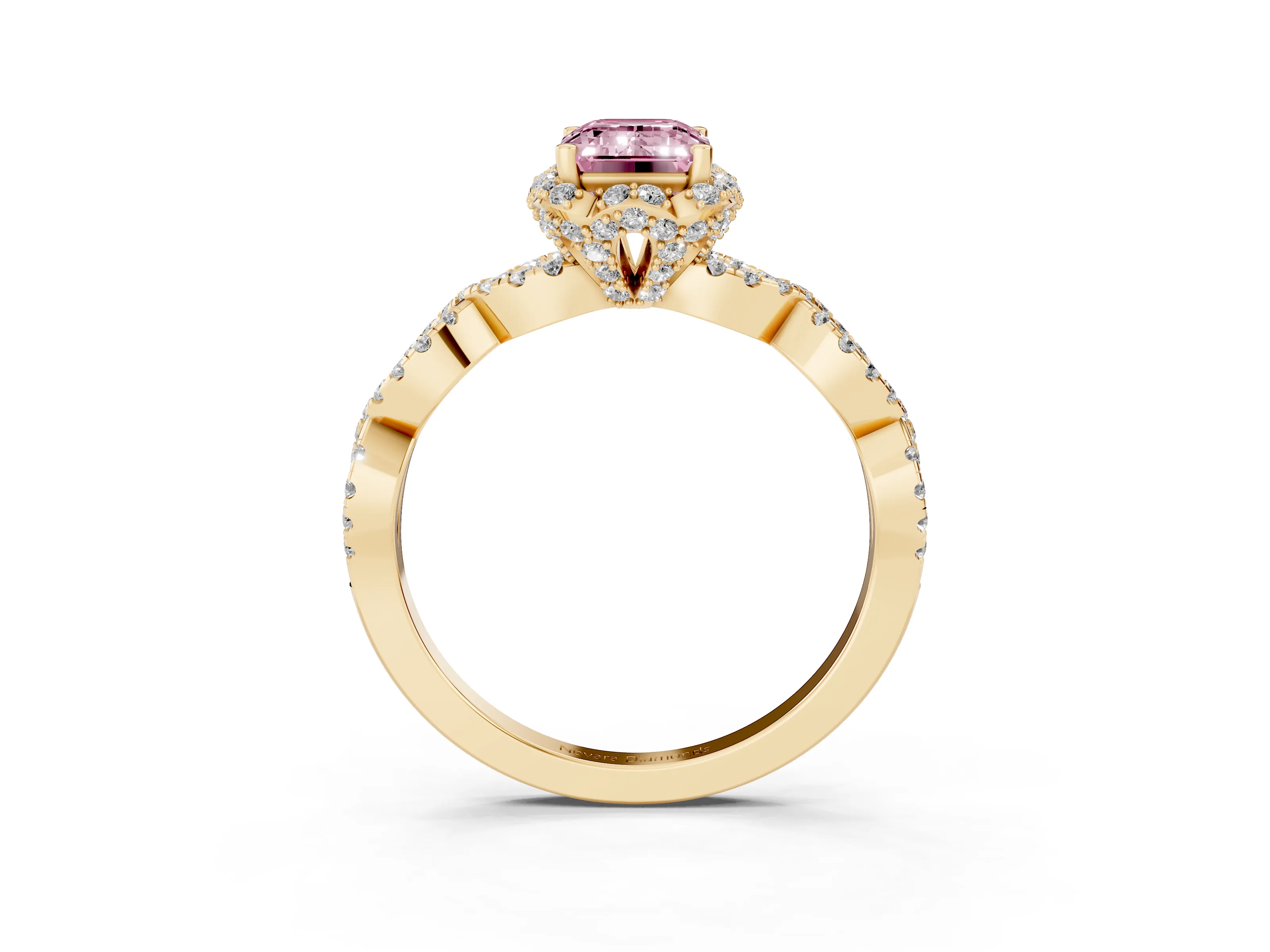 Fancy Pink Emerald Cut Diamond Halo Twist Band Solitaire Ring Set in Yellow gold with Prong-Set Center Stone