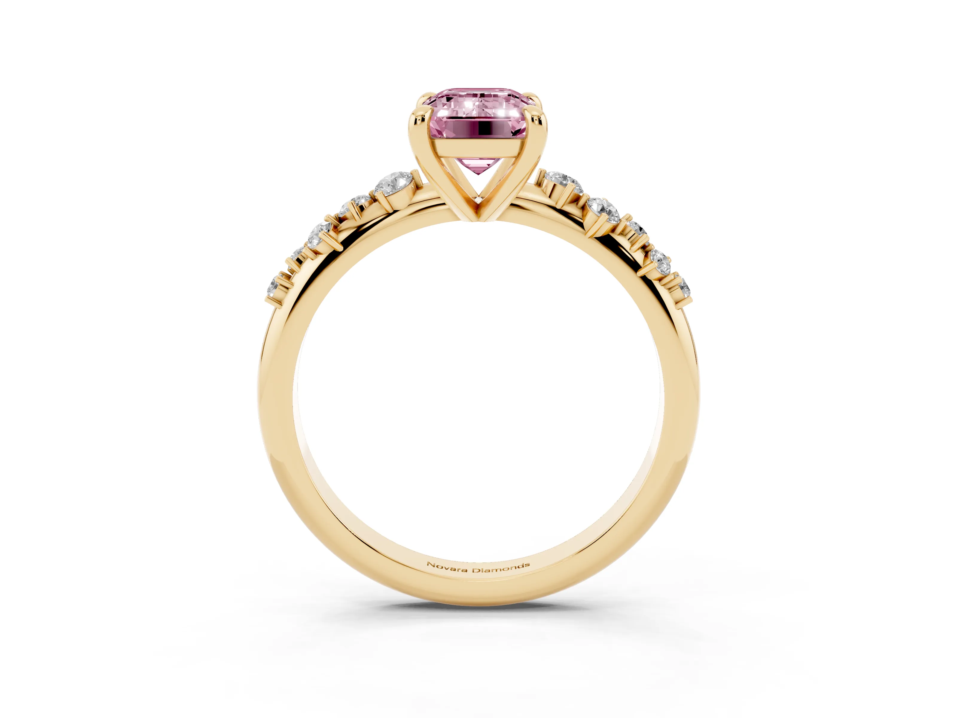 Fancy Pink Emerald Cut Diamond Solitaire Vine Band Ring Set in Yellow gold with Round Accents and Prong Setting