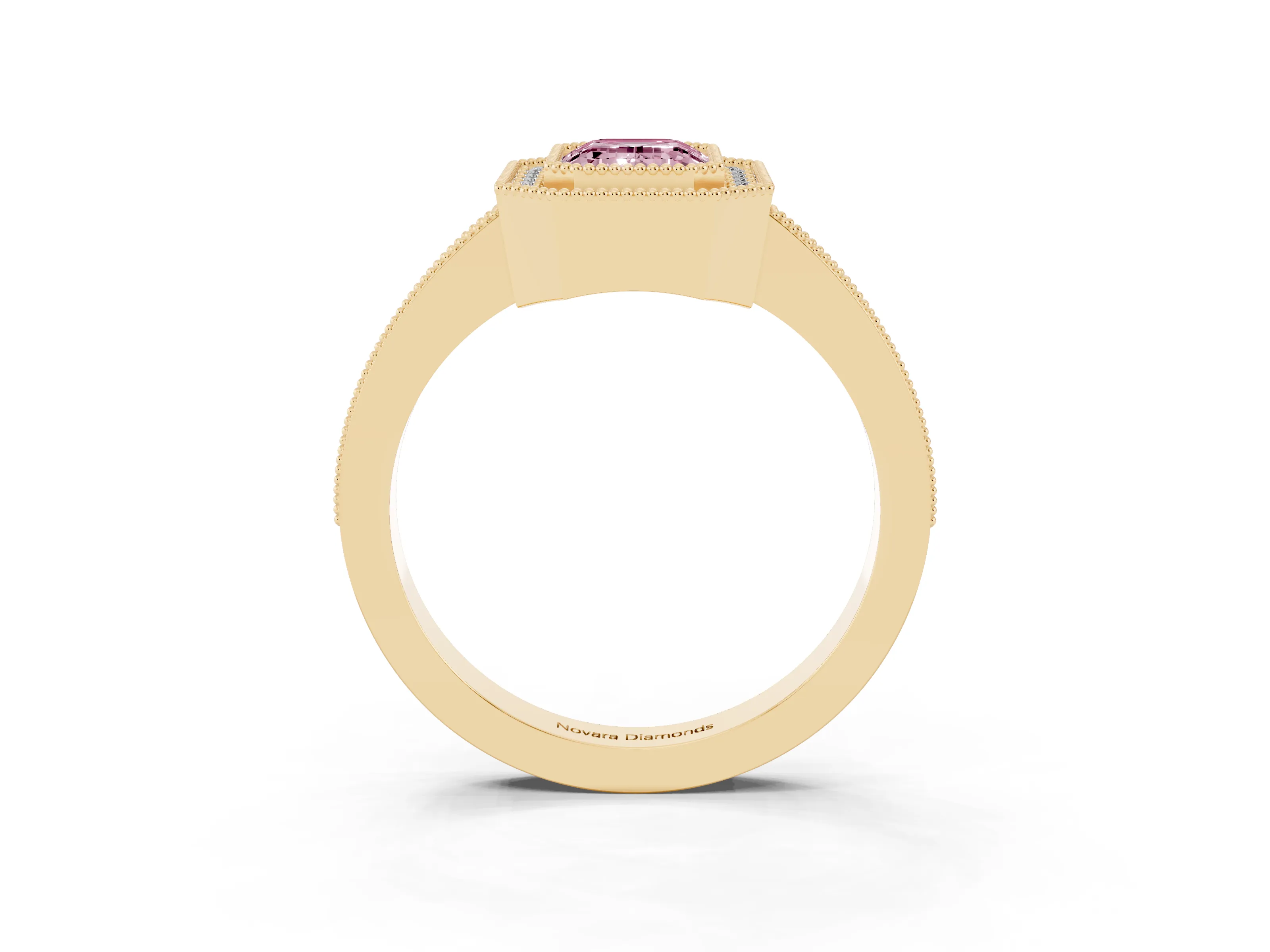 Fancy Pink Emerald Cut Diamond Halo Engagement Ring Set in Yellow gold with Pavé Band and Round Halo Stones