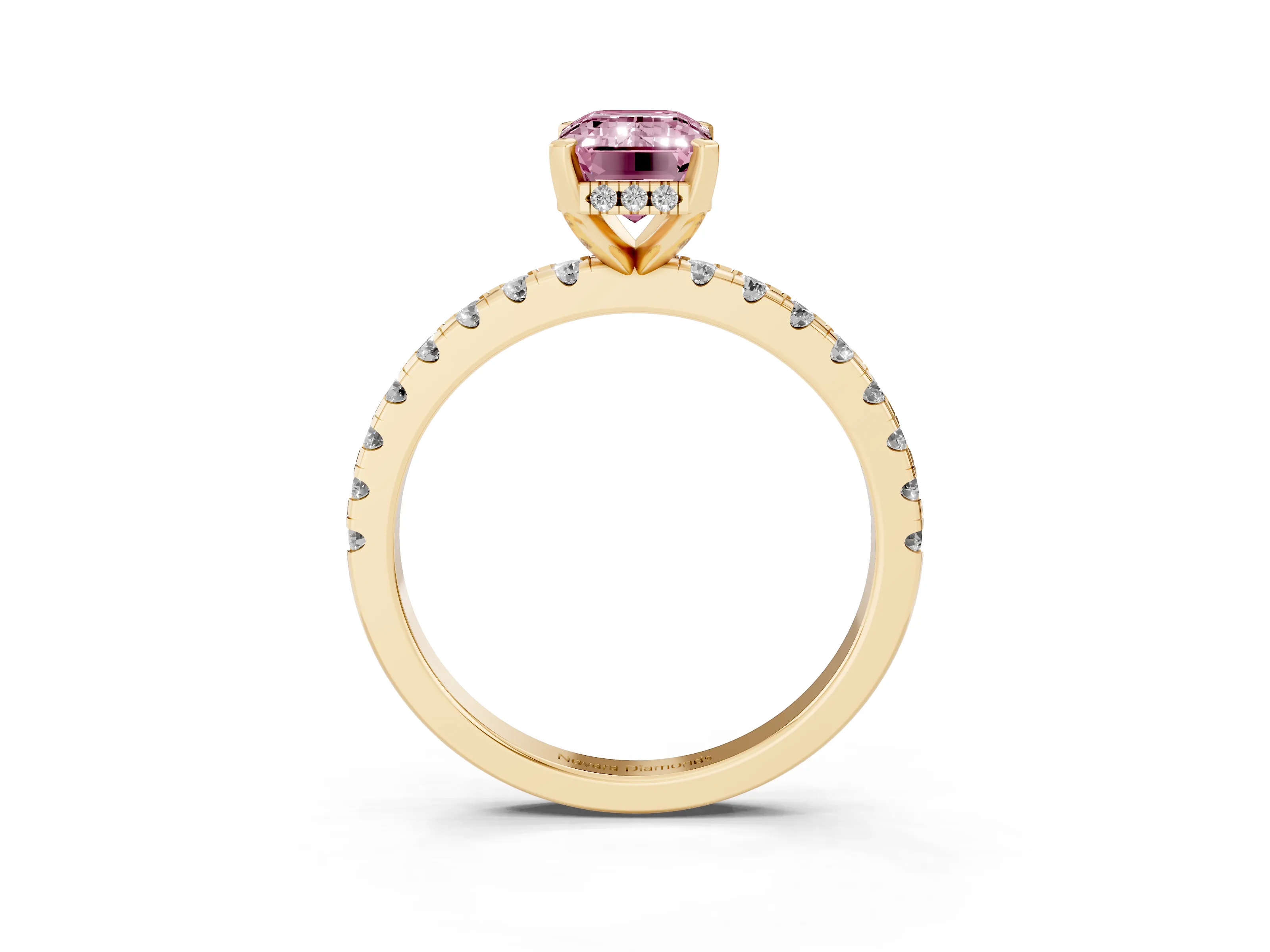 Fancy Pink Emerald Cut Diamond Pavé Solitaire Ring Set in Yellow gold with Round Band Accents and Prong Setting
