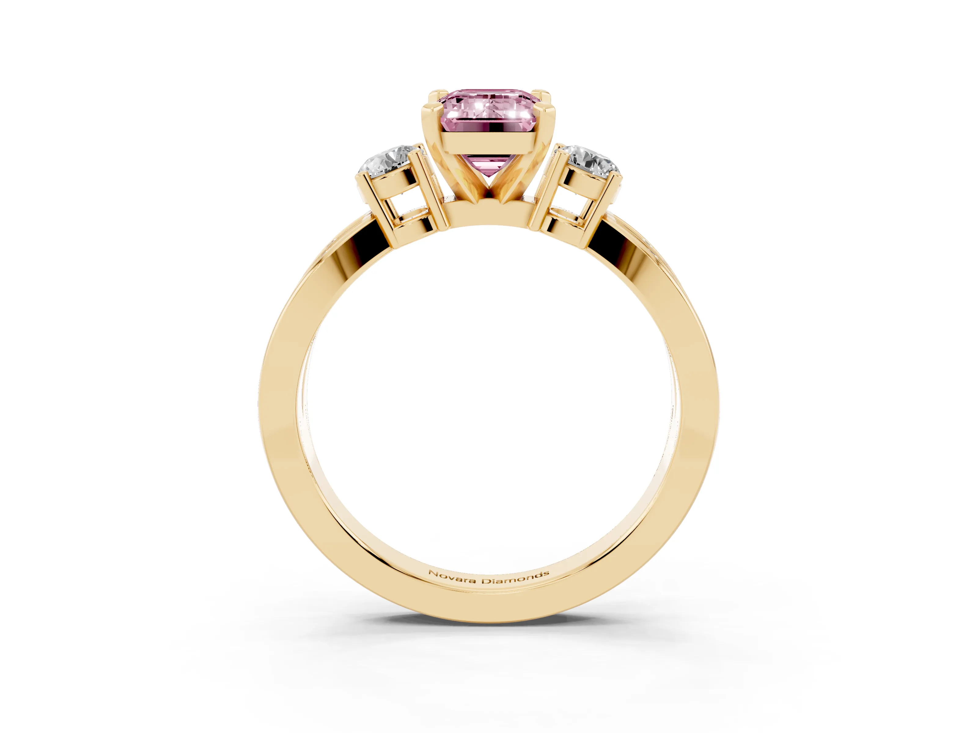 Fancy Pink Three-Stone Emerald Cut Diamond Twist Band Ring Set in Yellow gold with Pavé Accents and Prong Setting