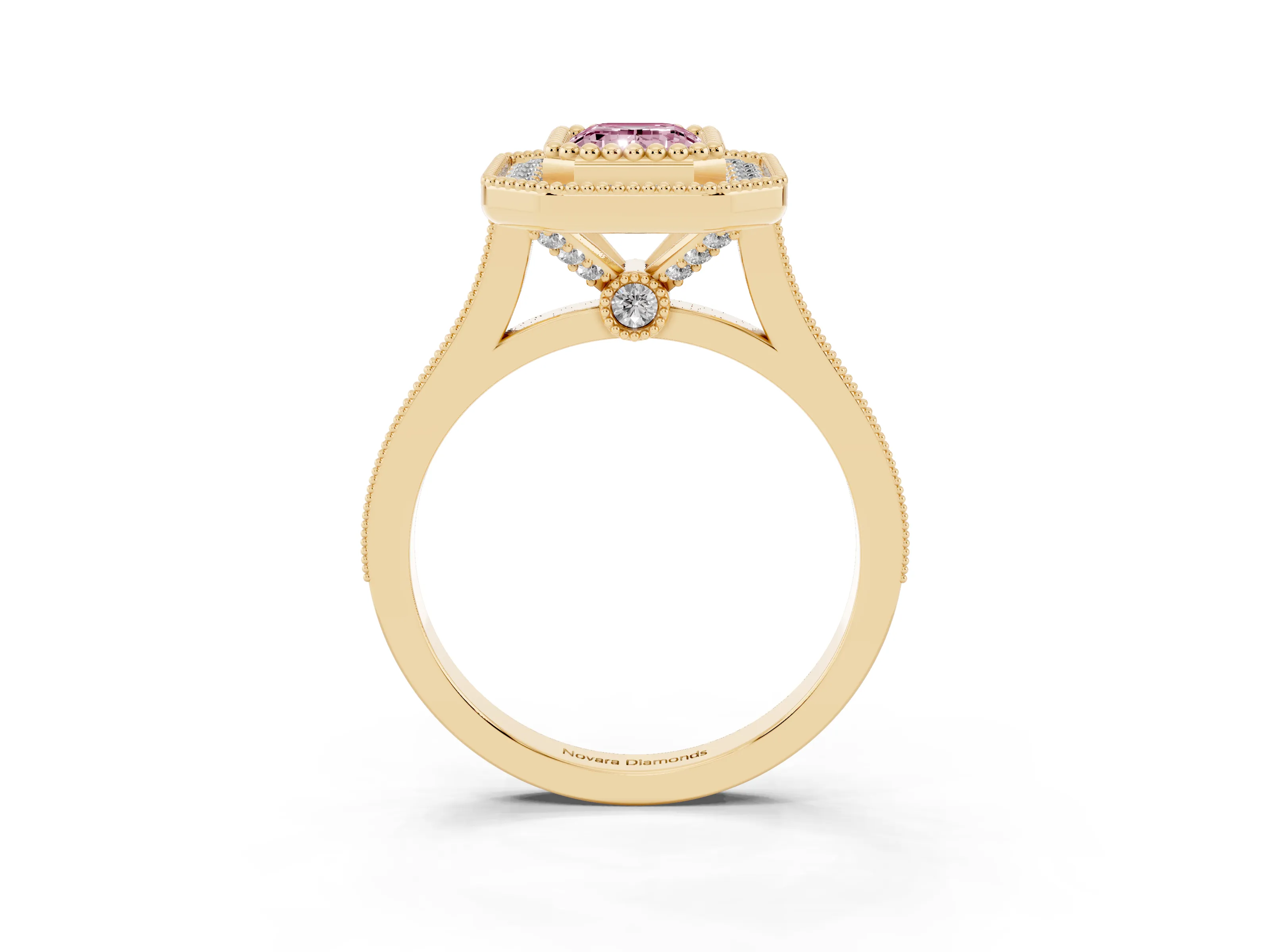 Fancy Pink Emerald Cut Diamond Halo Ring Set in Yellow gold with Milgrain Frame and Pavé Band