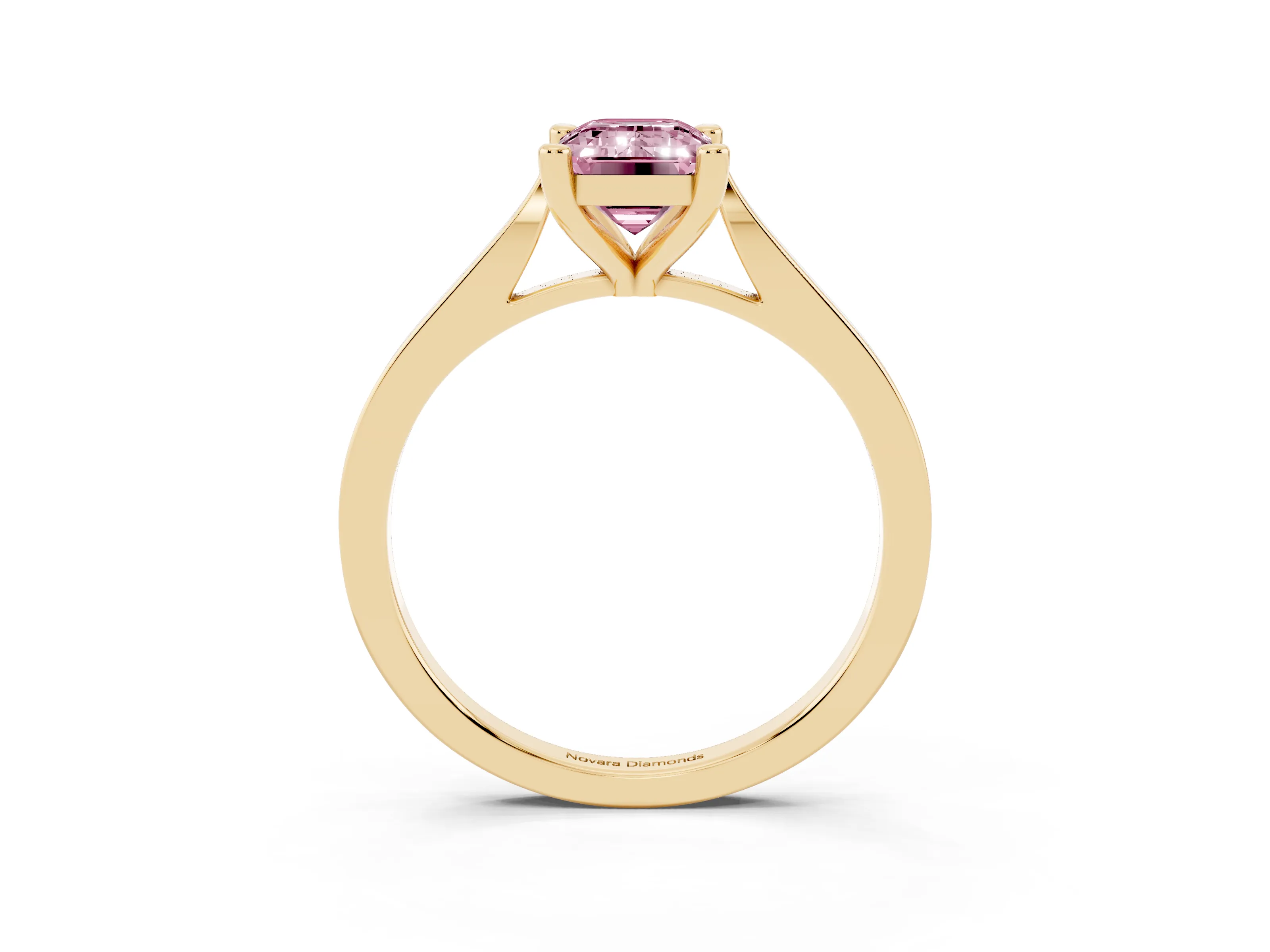 Fancy Pink Emerald Cut Diamond Solitaire Ring Set in Yellow gold with Prong Setting and Tapered Band