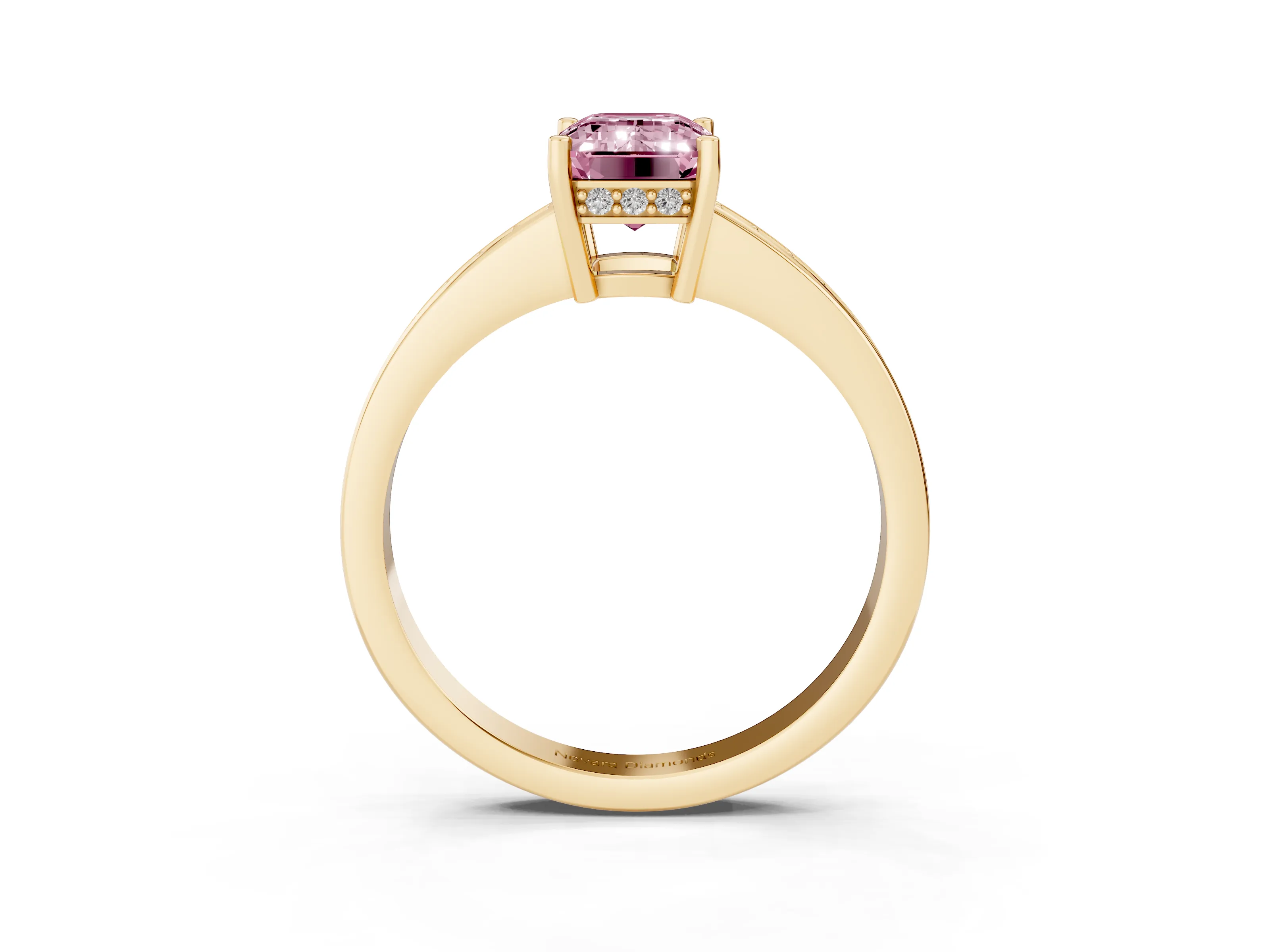 Fancy Pink Emerald Cut Diamond Pavé Band Prong Set Solitaire Ring Set in Yellow gold