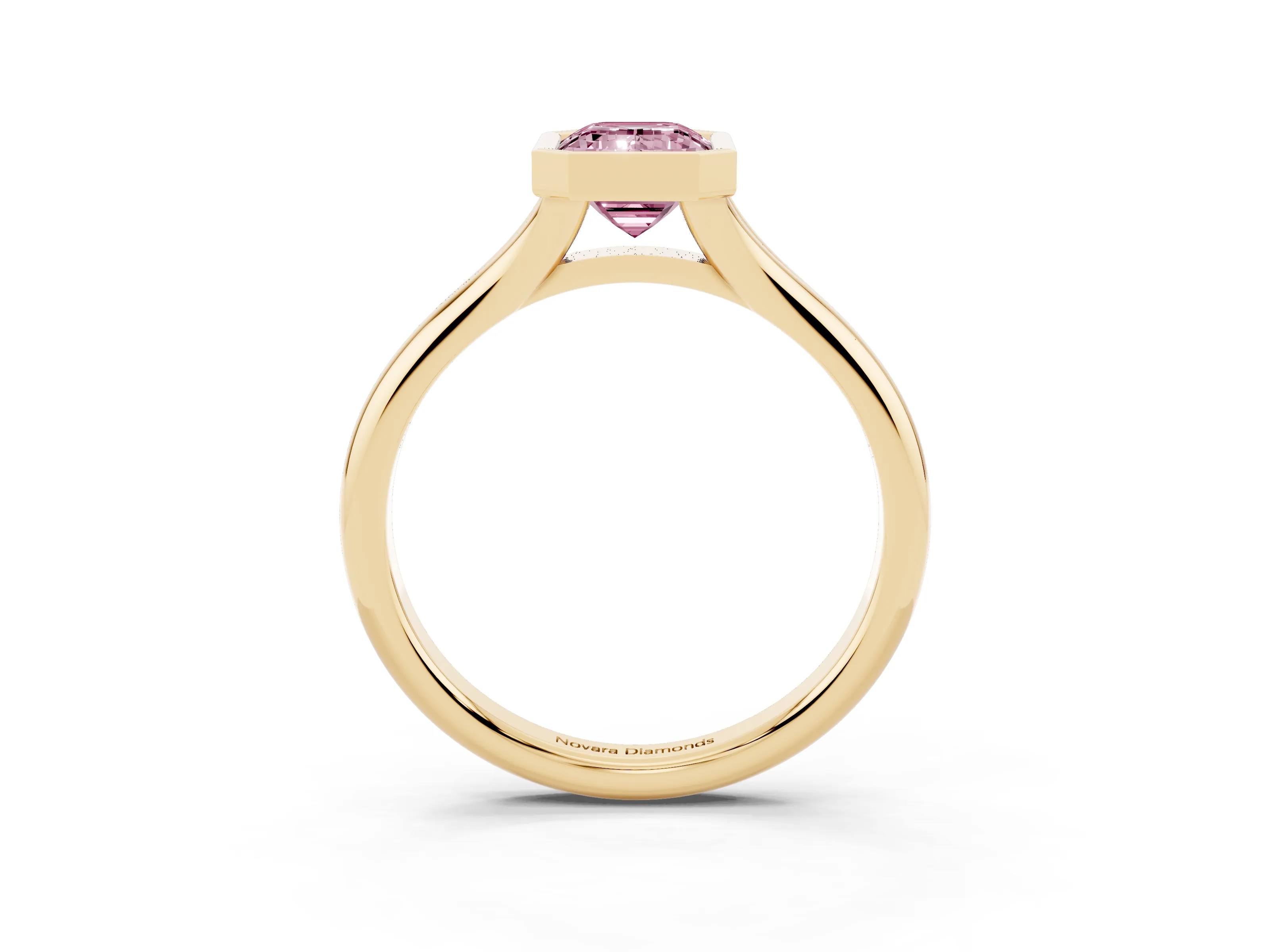 Fancy Pink Bezel Set Emerald Cut Diamond Solitaire Ring Set in Yellow gold with Smooth Band