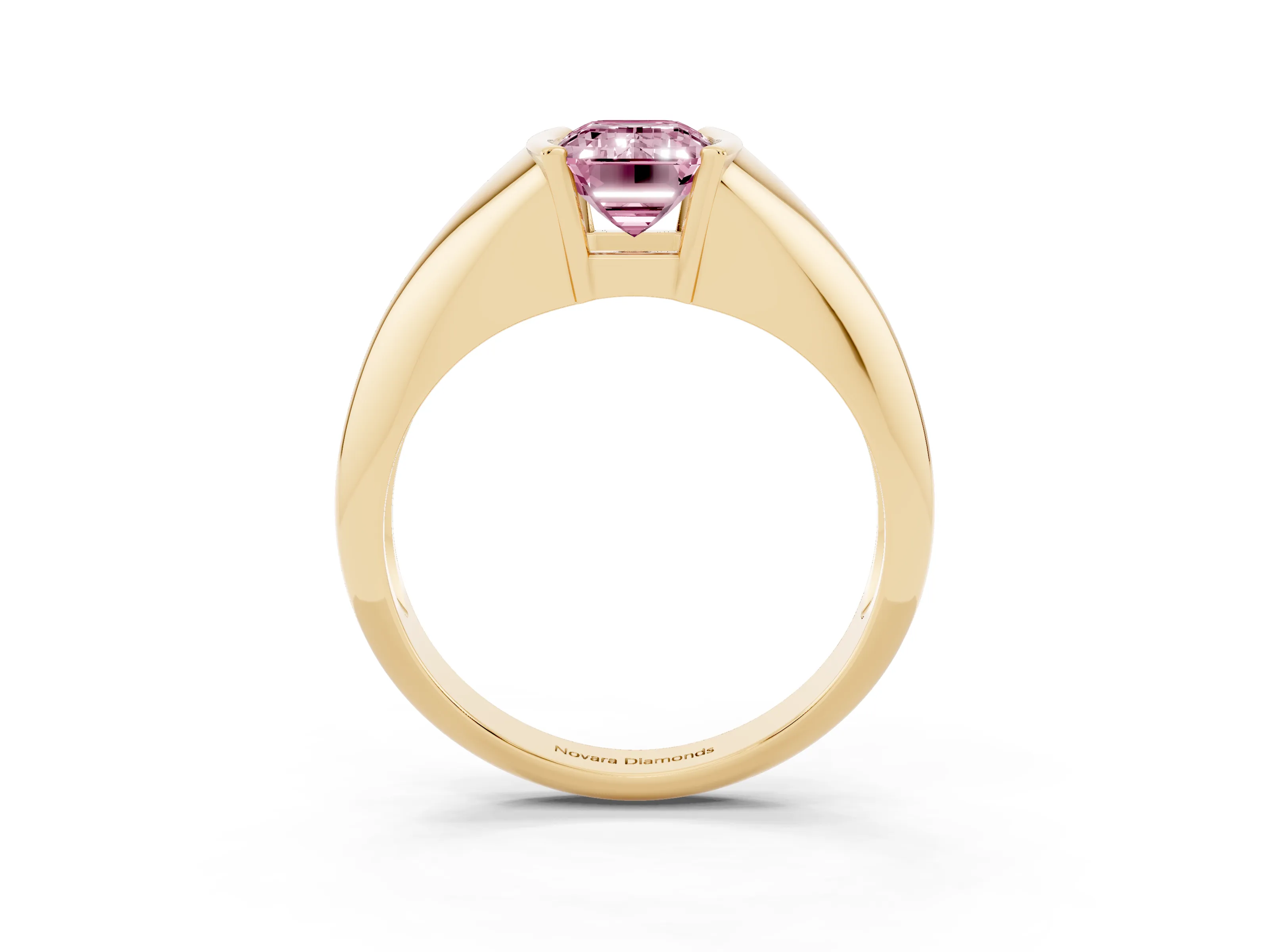 Fancy Pink Emerald Cut Diamond Solitaire Tension Set Ring Set in Yellow gold