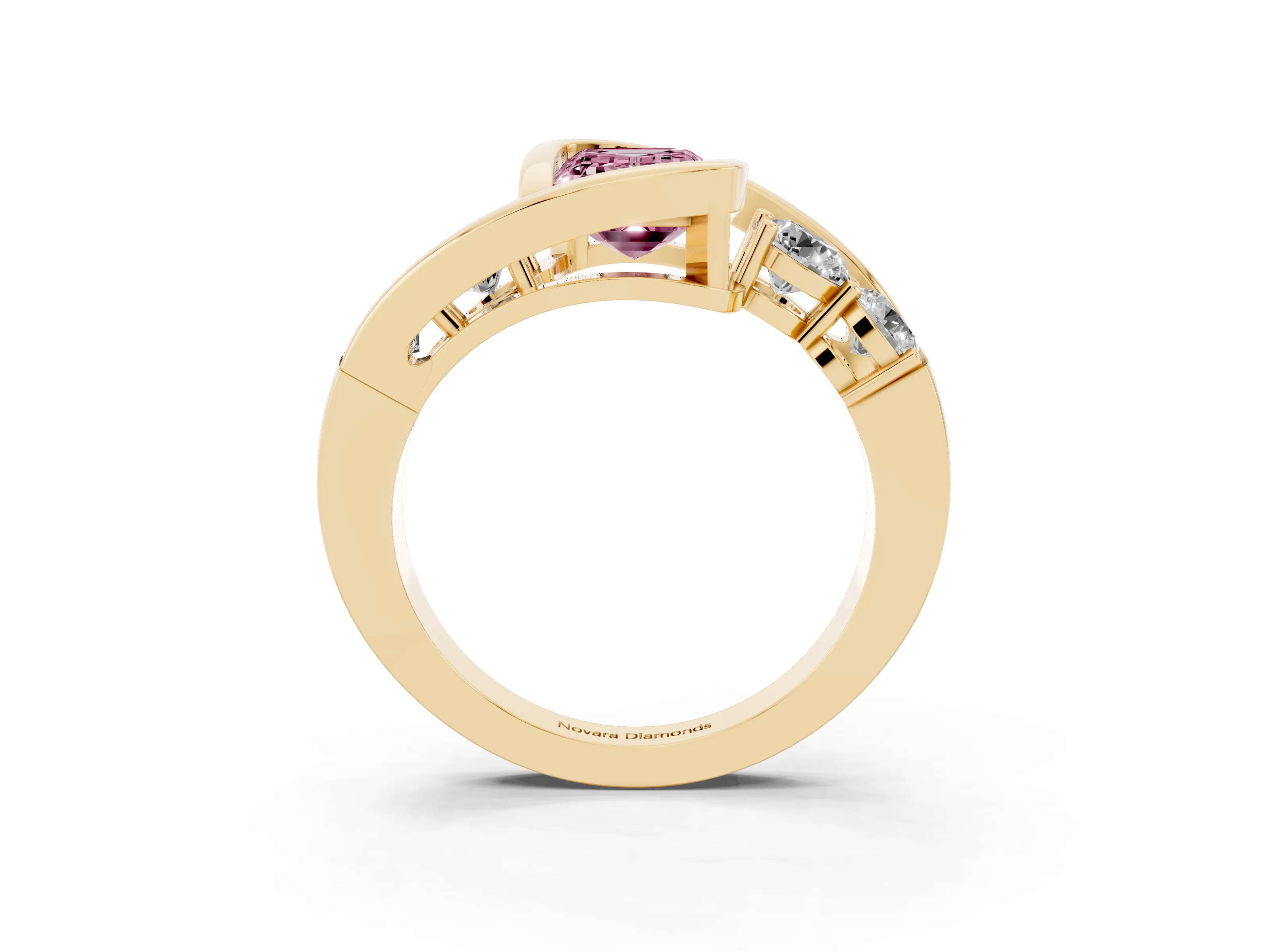 Fancy Pink Emerald Cut Diamond Bezel Bypass Ring Set in Yellow gold with Round Accents