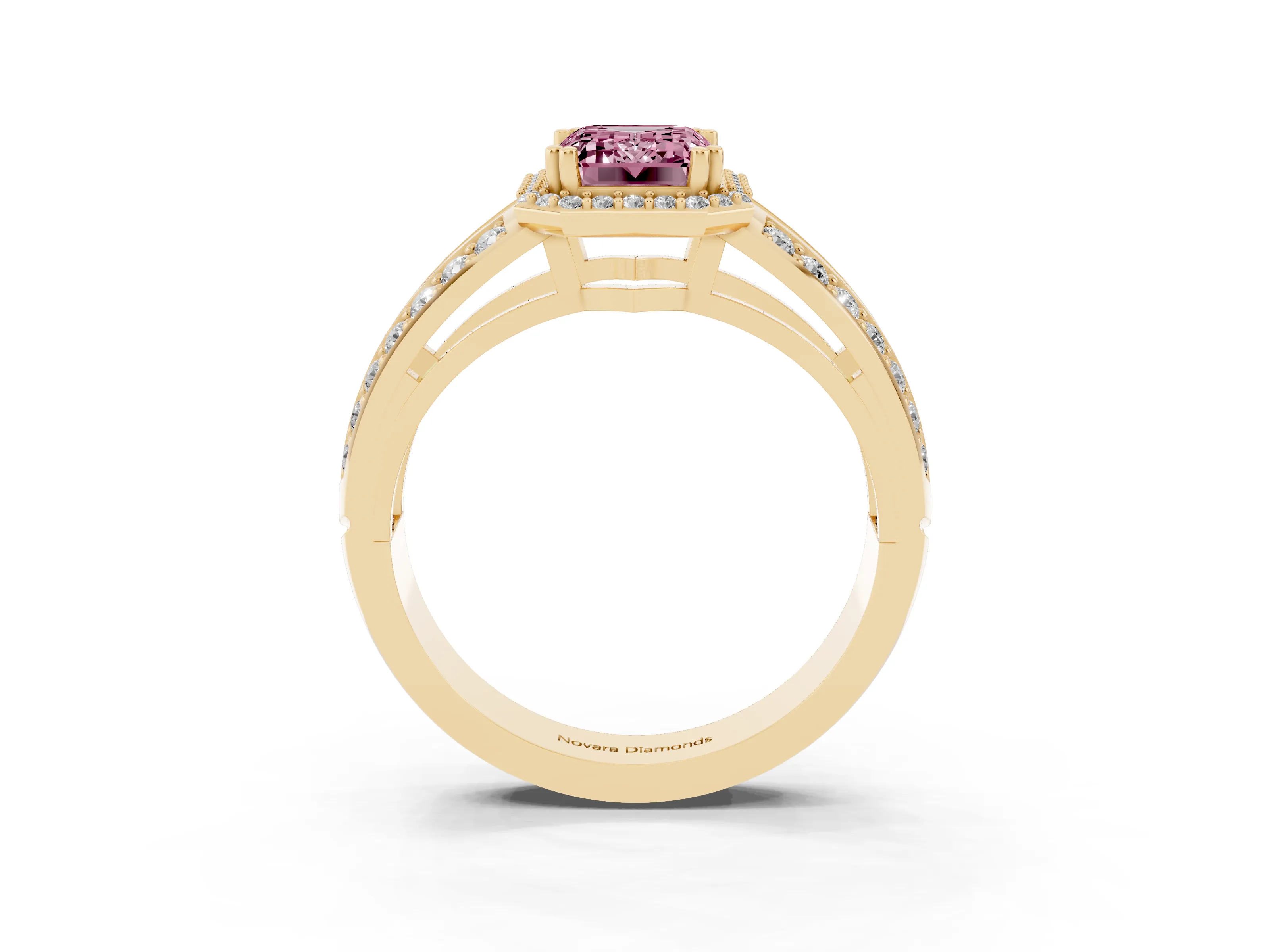Fancy Pink Emerald Cut Diamond Halo Ring Set in Yellow gold with Double Pavé Split Shank