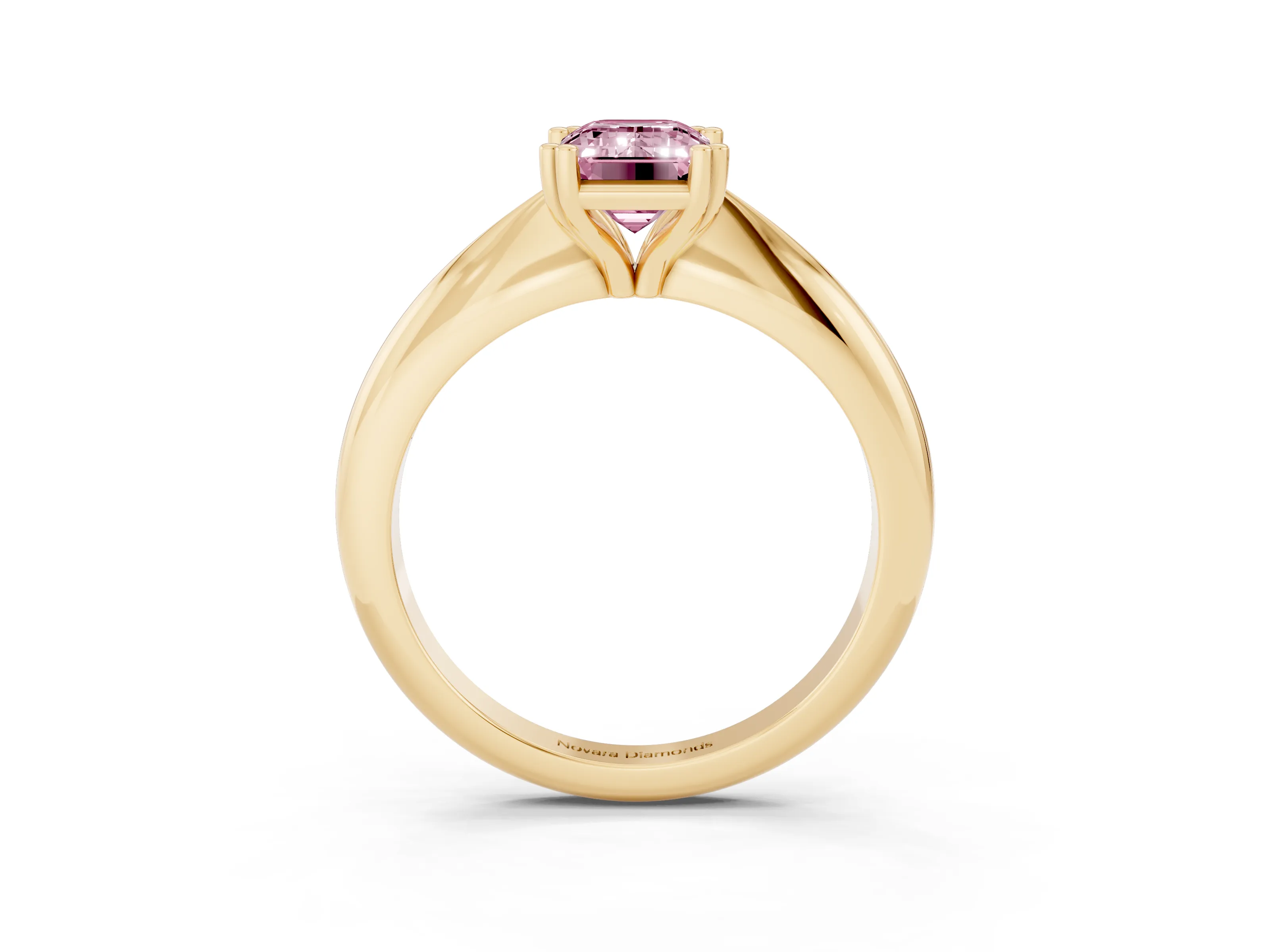 Fancy Pink Emerald Cut Diamond Solitaire Engagement Ring Set in Yellow gold with Tapered Band and Prong Setting