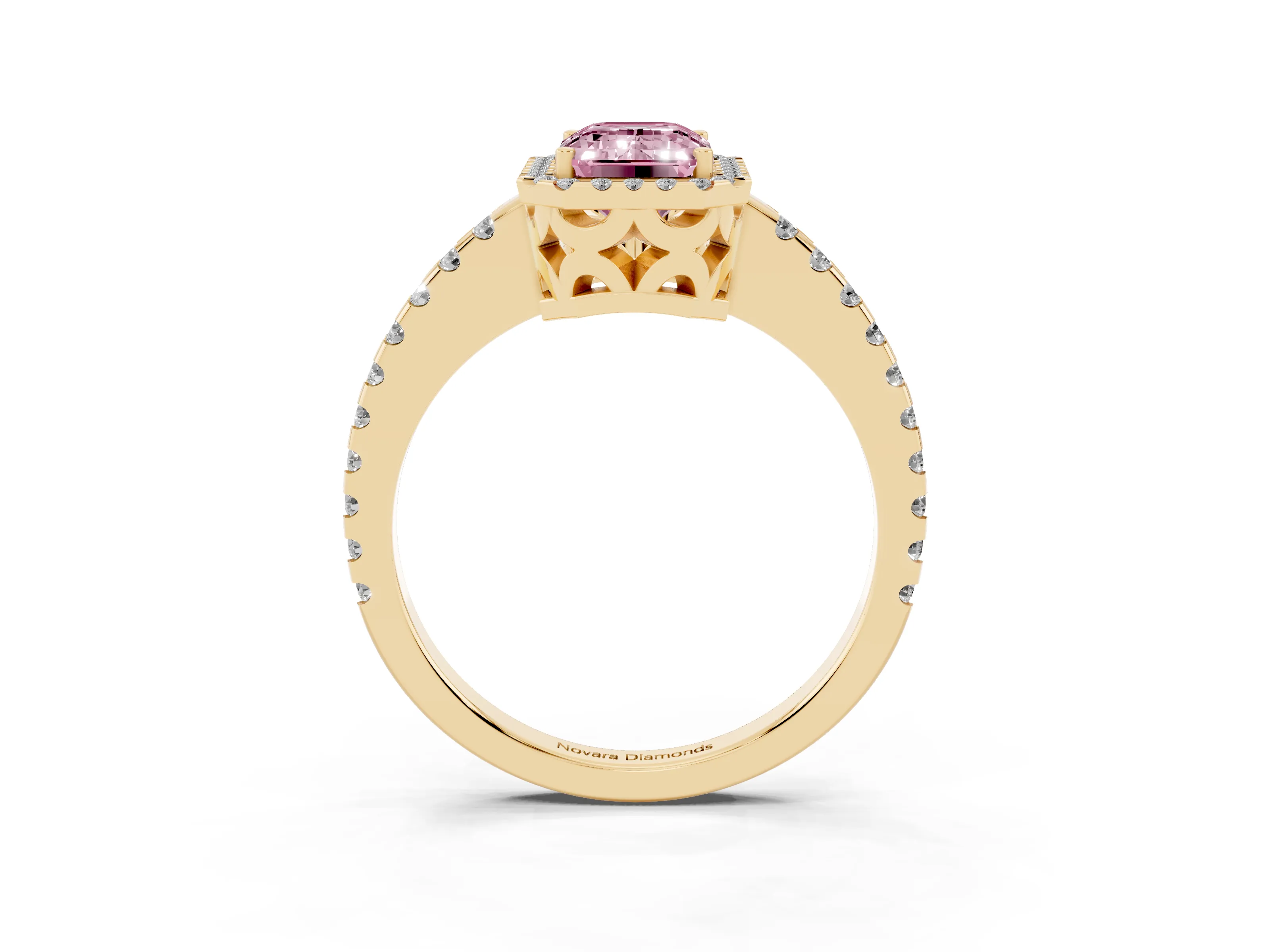 Fancy Pink Emerald Cut Diamond Halo Ring Set in Yellow gold with Pavé Shoulders and Halo-Framed Center