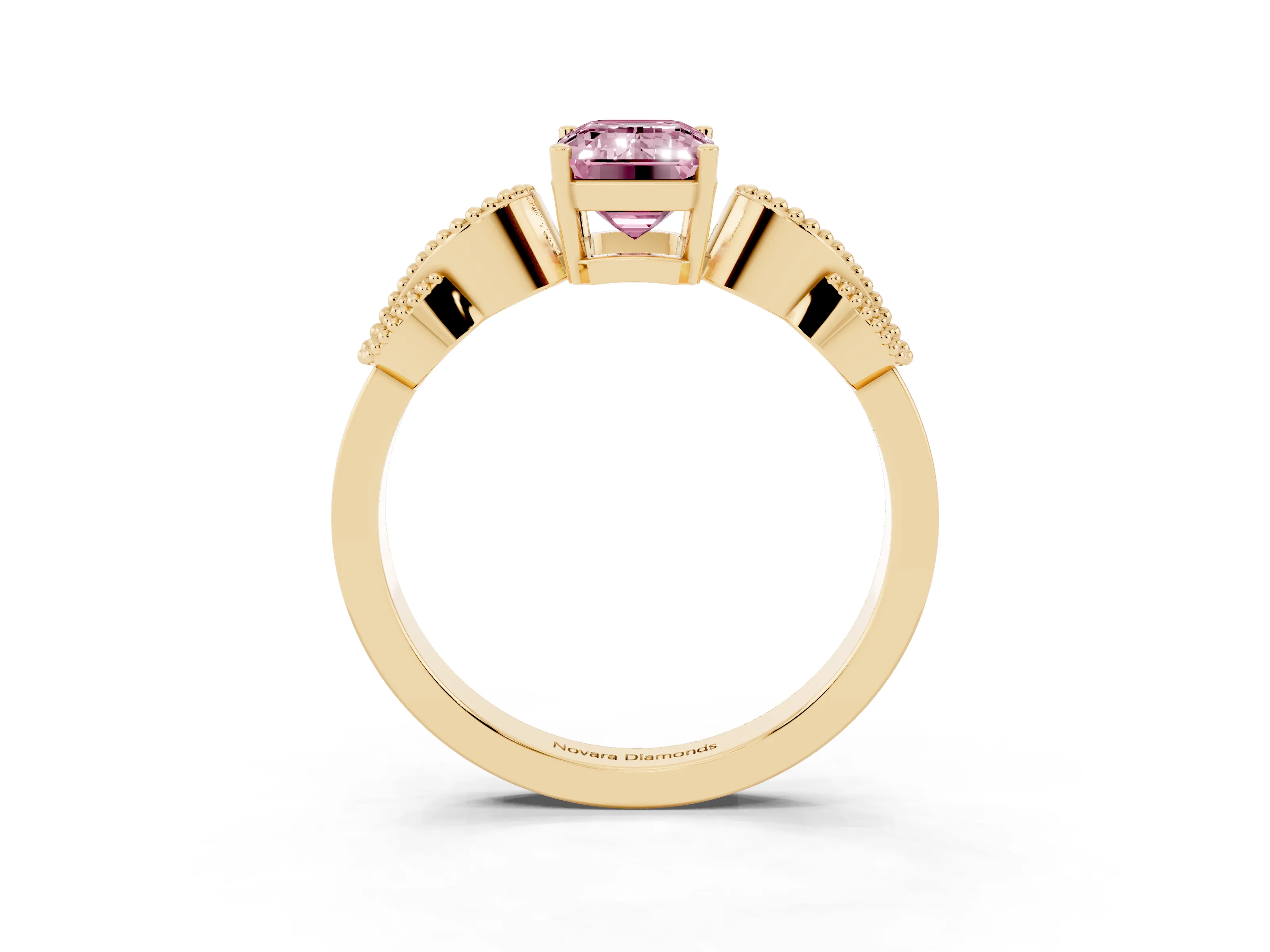 Fancy Pink Emerald Cut Diamond Milgrain Leaf Band Solitaire Ring Set in Yellow gold with Accent Stones and Prong Setting