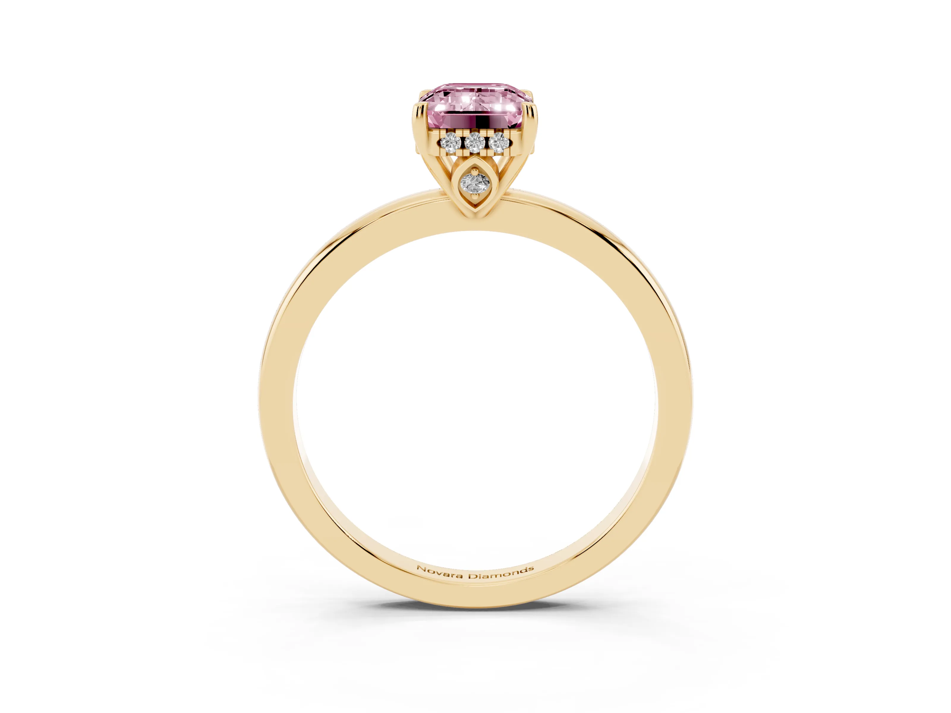 Fancy Pink Emerald Cut Diamond Solitaire Ring Set in Yellow gold with Plain Band and Prong Setting