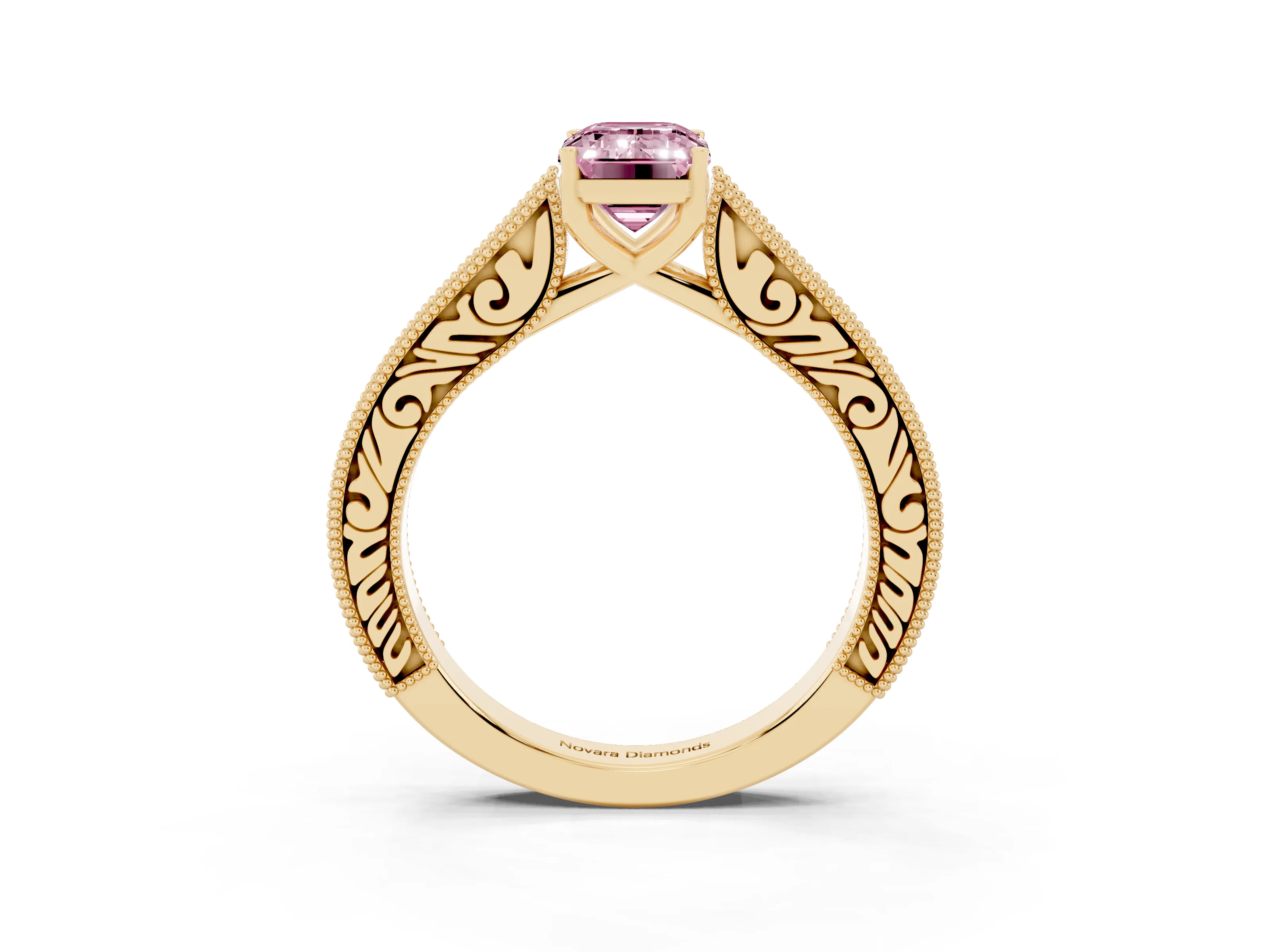 Fancy Pink Emerald Cut Diamond Milgrain Pavé Band Solitaire Ring Set in Yellow gold with Prong Setting