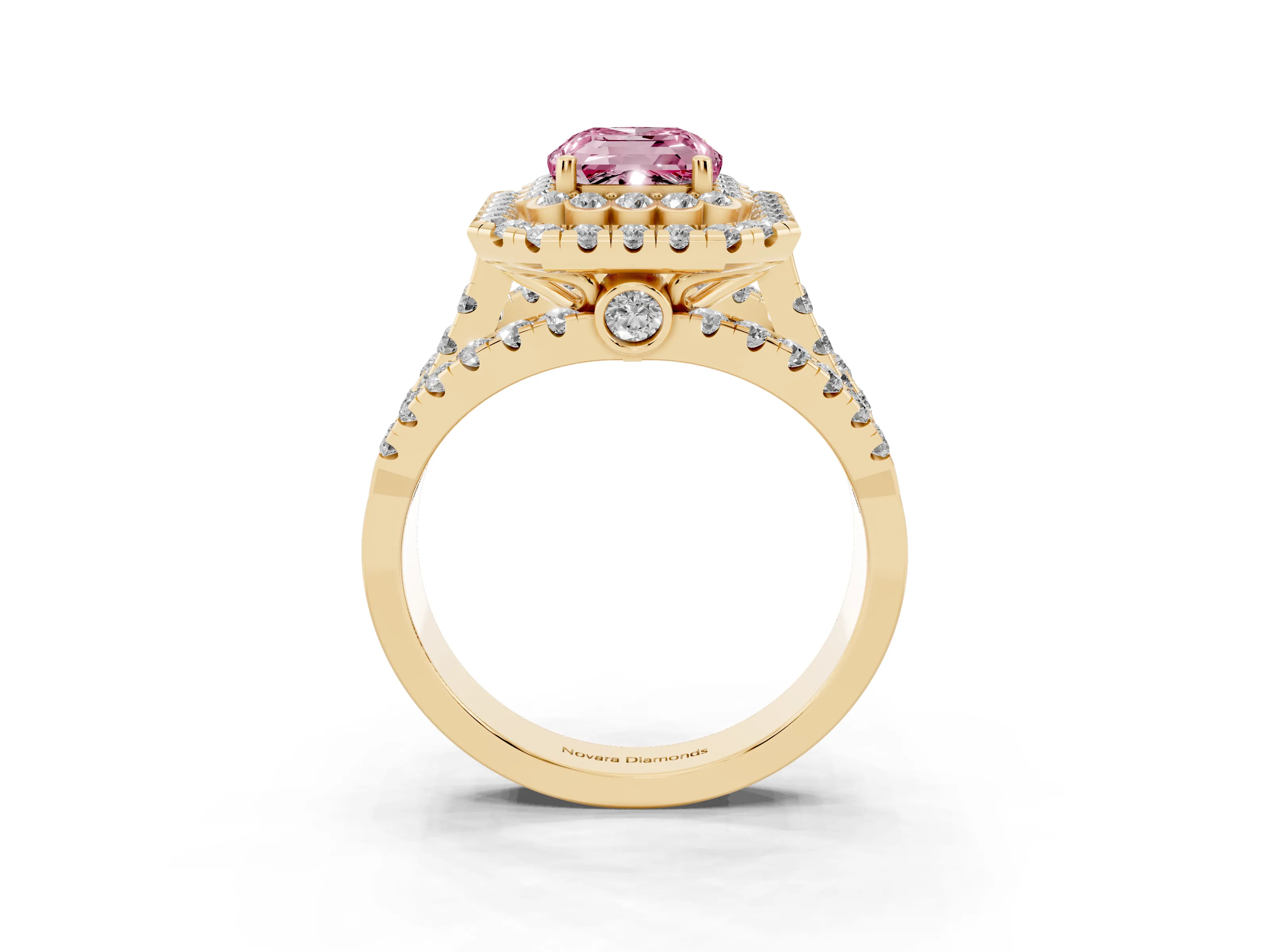 Fancy Pink Emerald Cut Diamond Double Halo Ring Set in Yellow gold with Round Pavé Split Shank