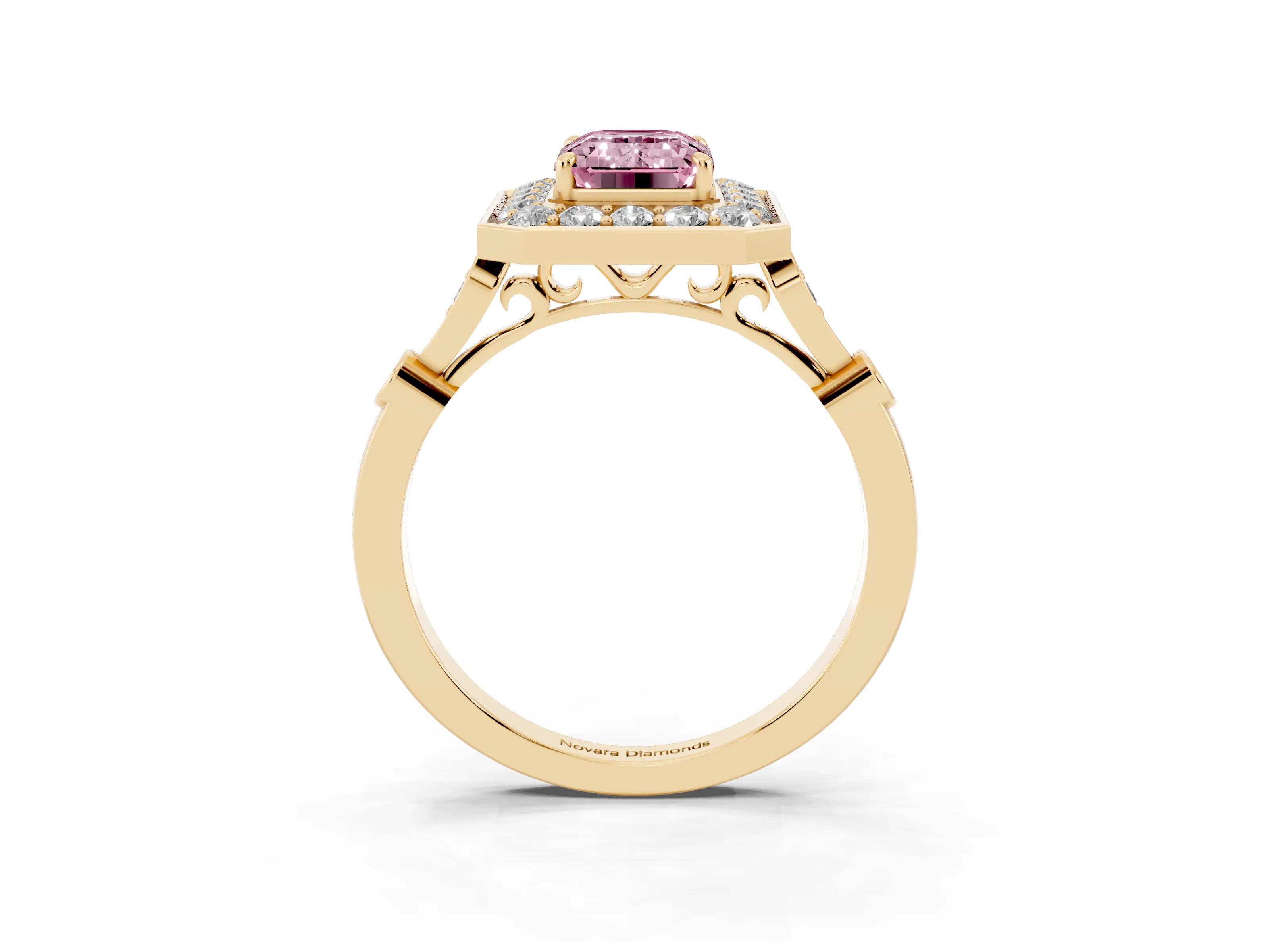 Fancy Pink Emerald Cut Diamond Halo Engagement Ring Set in Yellow gold with Twisted Band and Prong Setting
