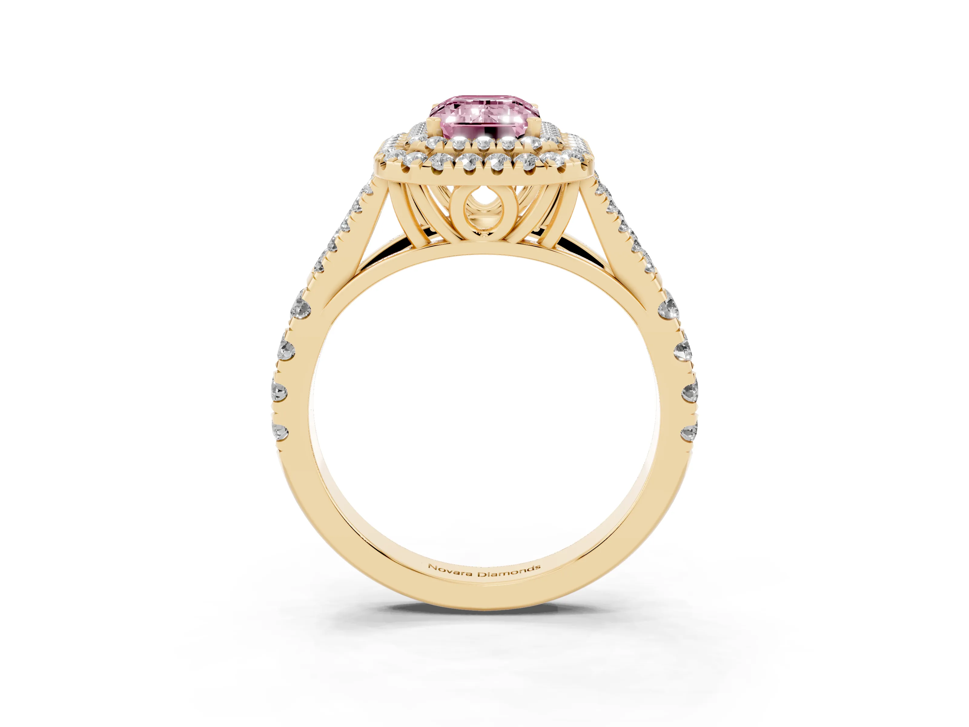 Fancy Pink Emerald Cut Diamond Pavé Split Shank Double Halo Engagement Ring Set in Yellow gold