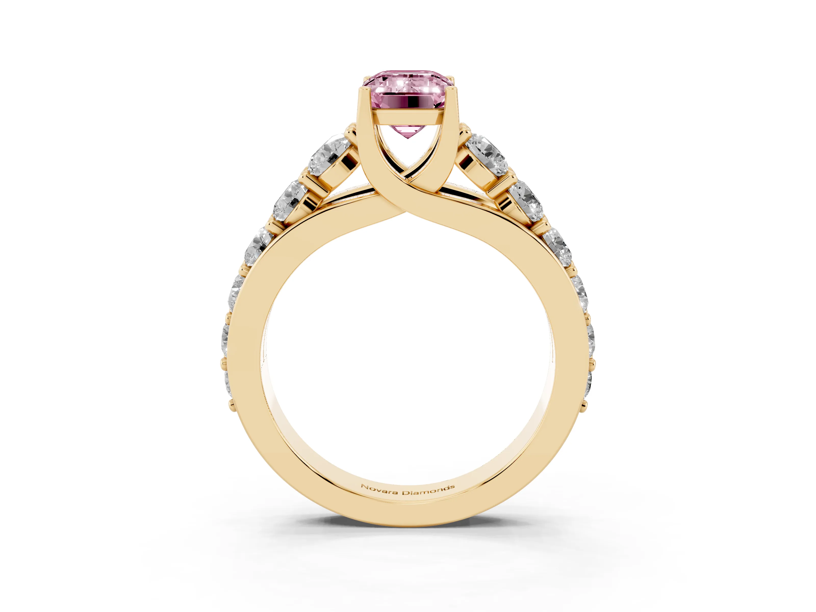 Fancy Pink Emerald Cut Diamond Pavé Engagement Ring Set in Yellow gold with Prong Setting