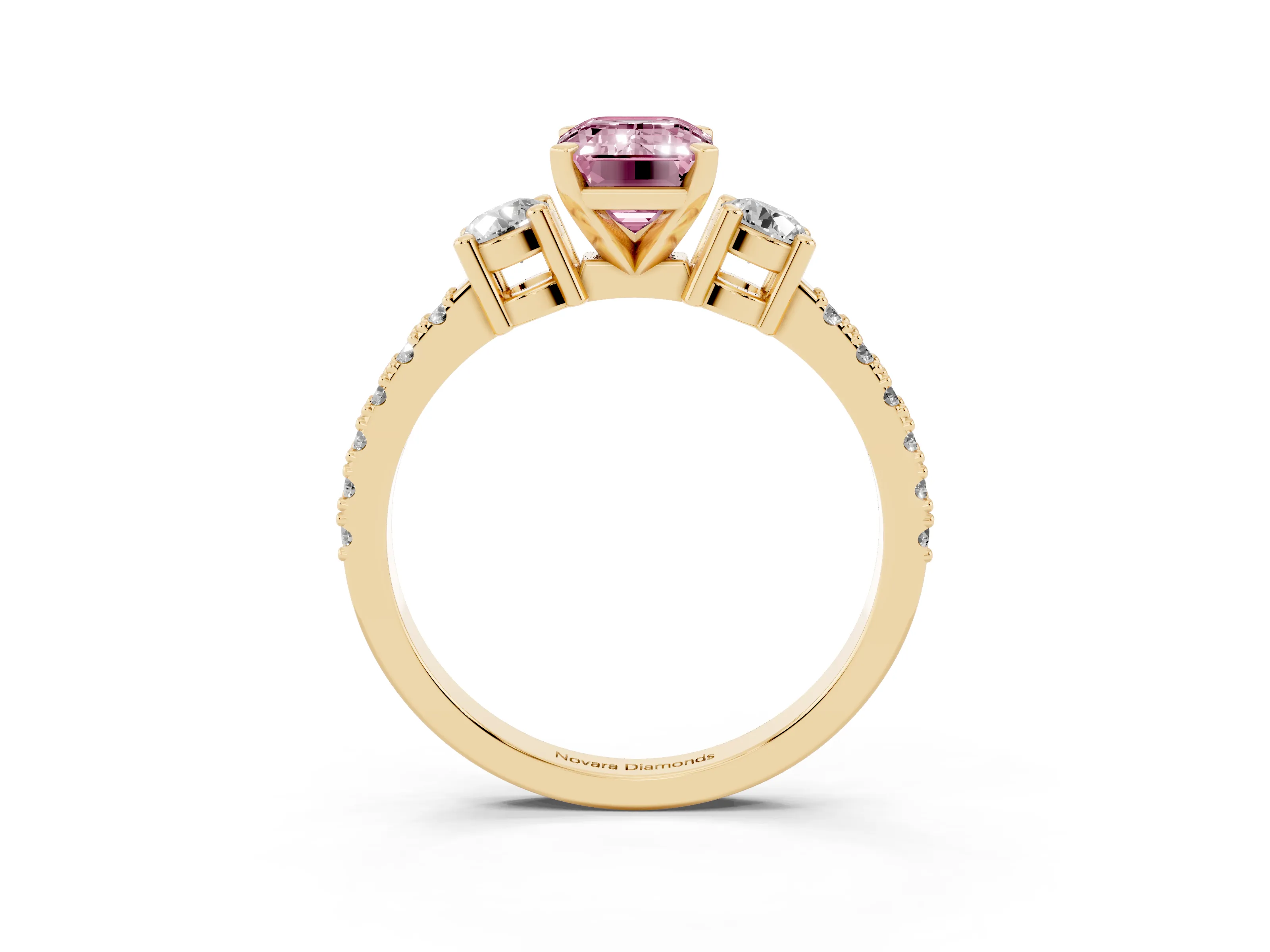 Fancy Pink Three-Stone Emerald Cut Diamond Pavé Band Ring Set in Yellow gold with Prong Setting