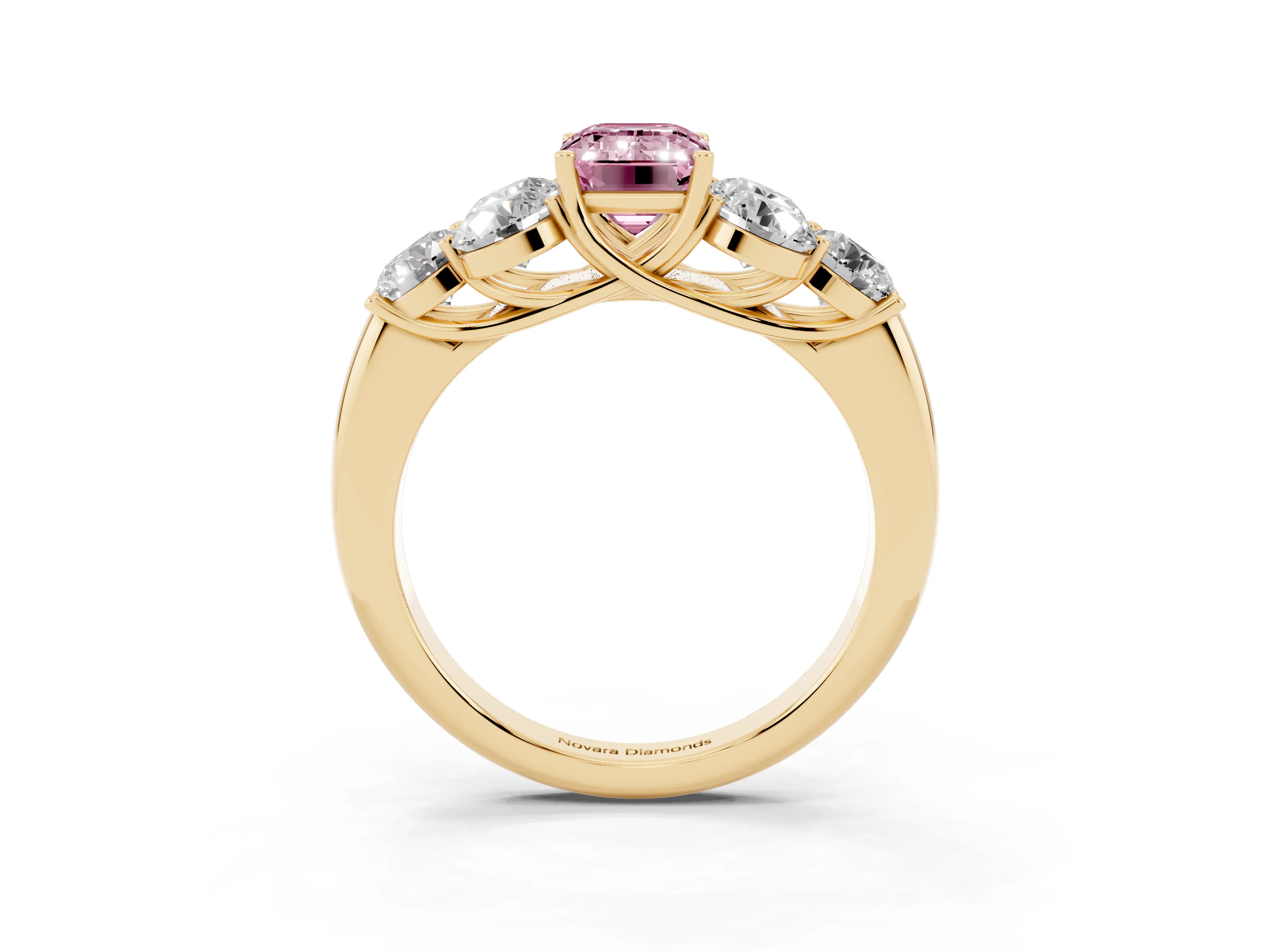 Fancy Pink Emerald Cut Diamond Cluster Ring Set in Yellow gold with Round Accent Stones and Prong Setting on a Plain Band