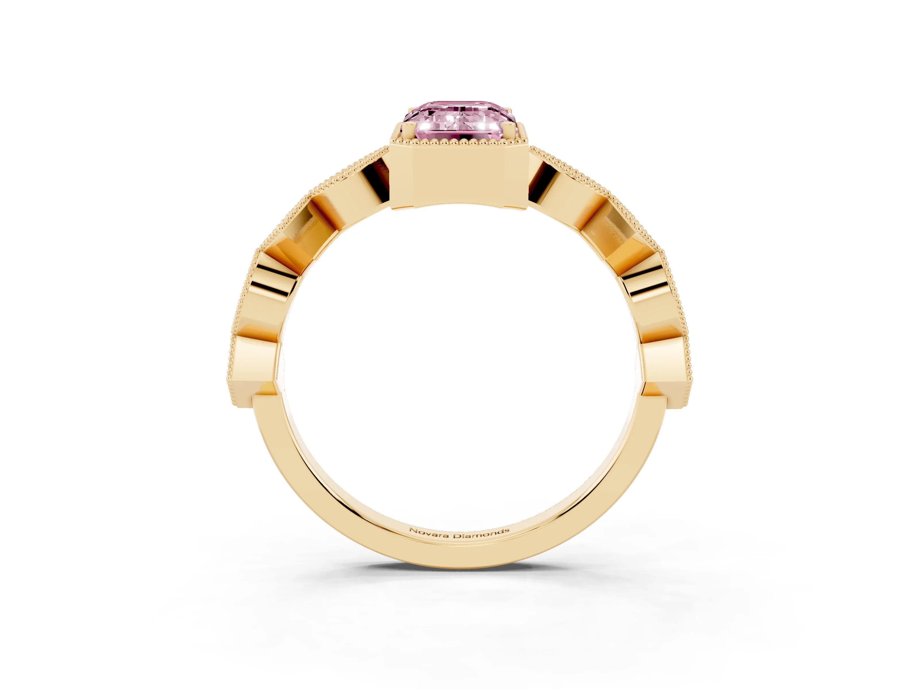 Fancy Pink Emerald Cut Diamond Milgrain Marquise Twist Band Ring Set in Yellow gold with Prong Setting