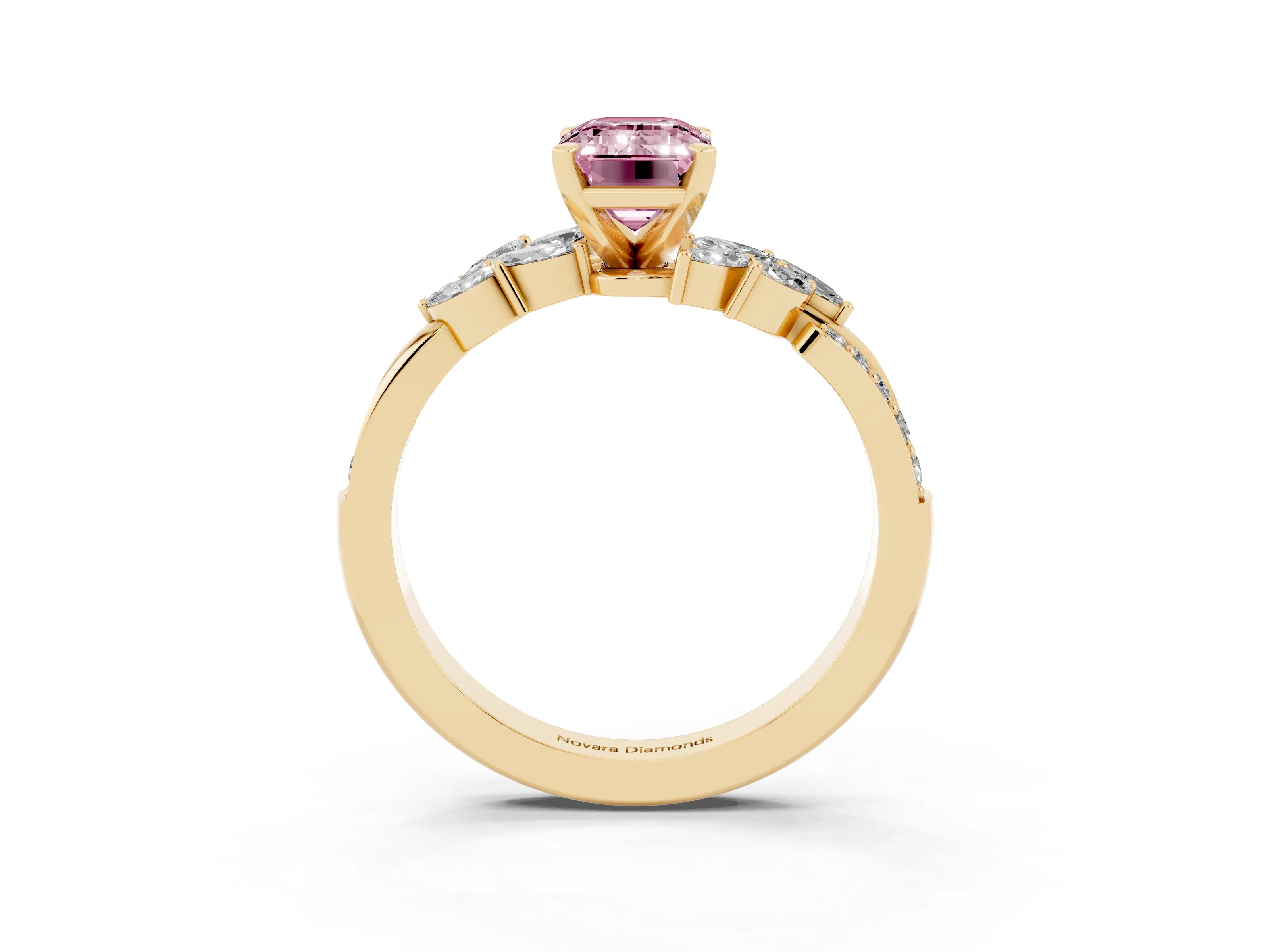 Fancy Pink Emerald Cut Diamond Solitaire Ring Set in Yellow gold with Marquise Twist Band and Prong Setting