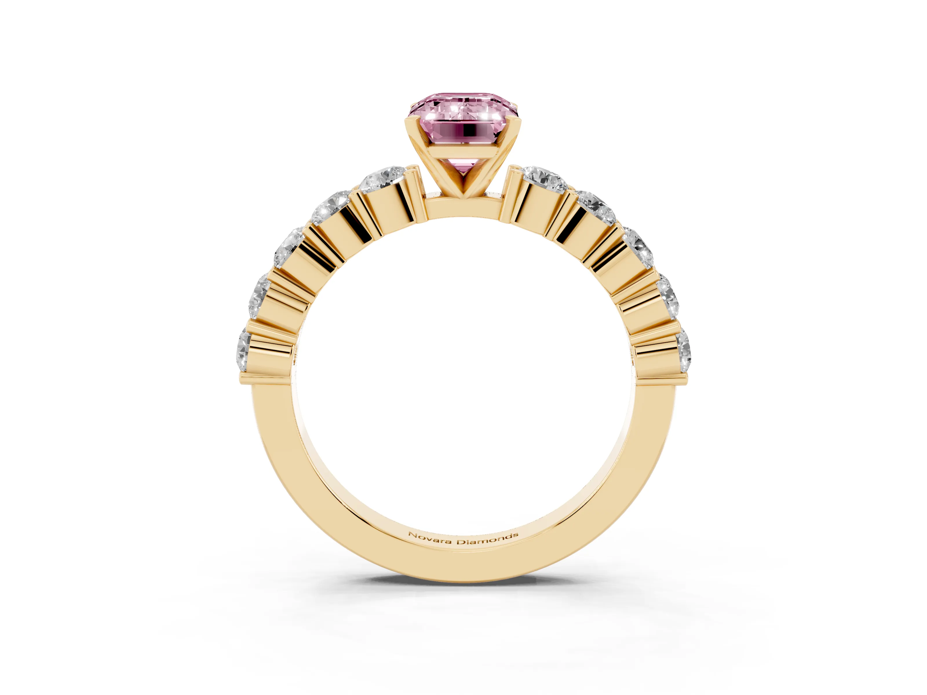 Fancy Pink Emerald Cut Diamond Solitaire Ring Set in Yellow gold with Shared Prong Round Side Stones