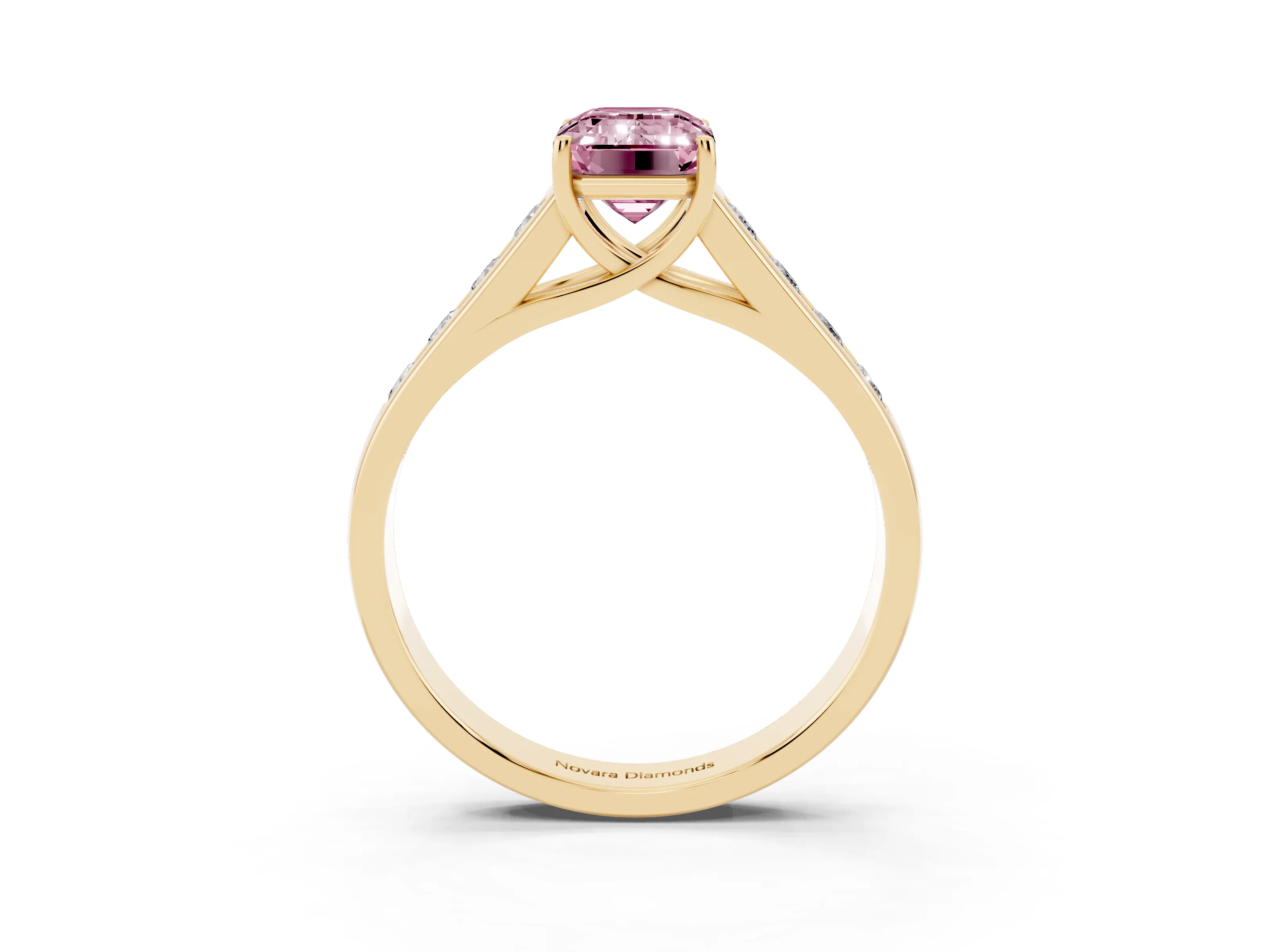 Fancy Pink Emerald Cut Diamond Solitaire Channel-Set Engagement Ring Set in Yellow gold with Prong Setting