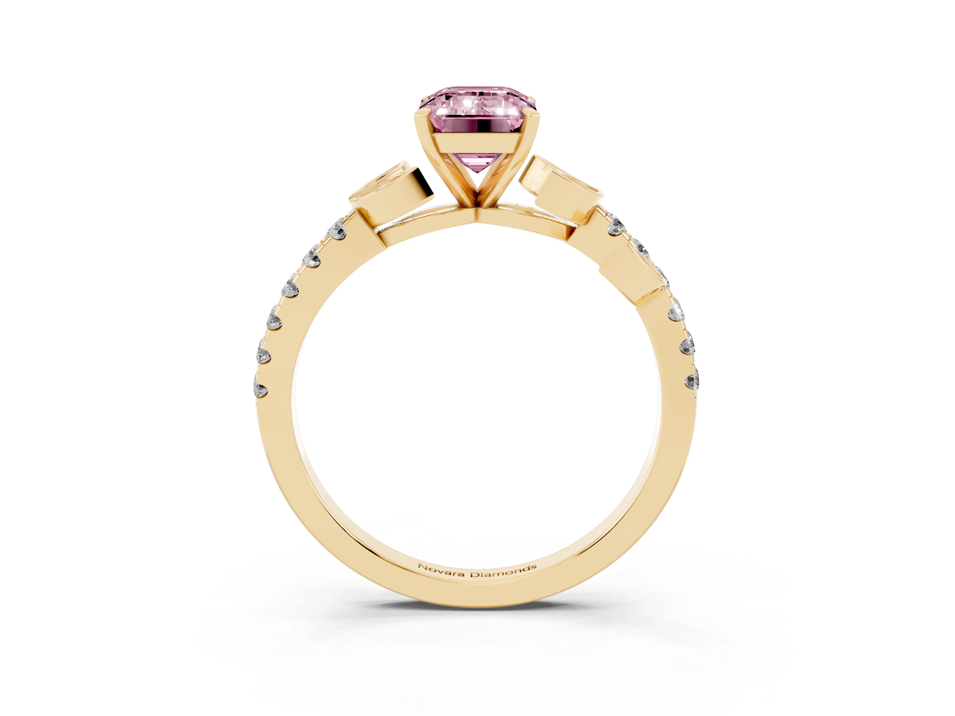 Fancy Pink Emerald Cut Diamond Solitaire Leaf-Inspired Ring Set in Yellow gold with Pavé Band and Prong Setting