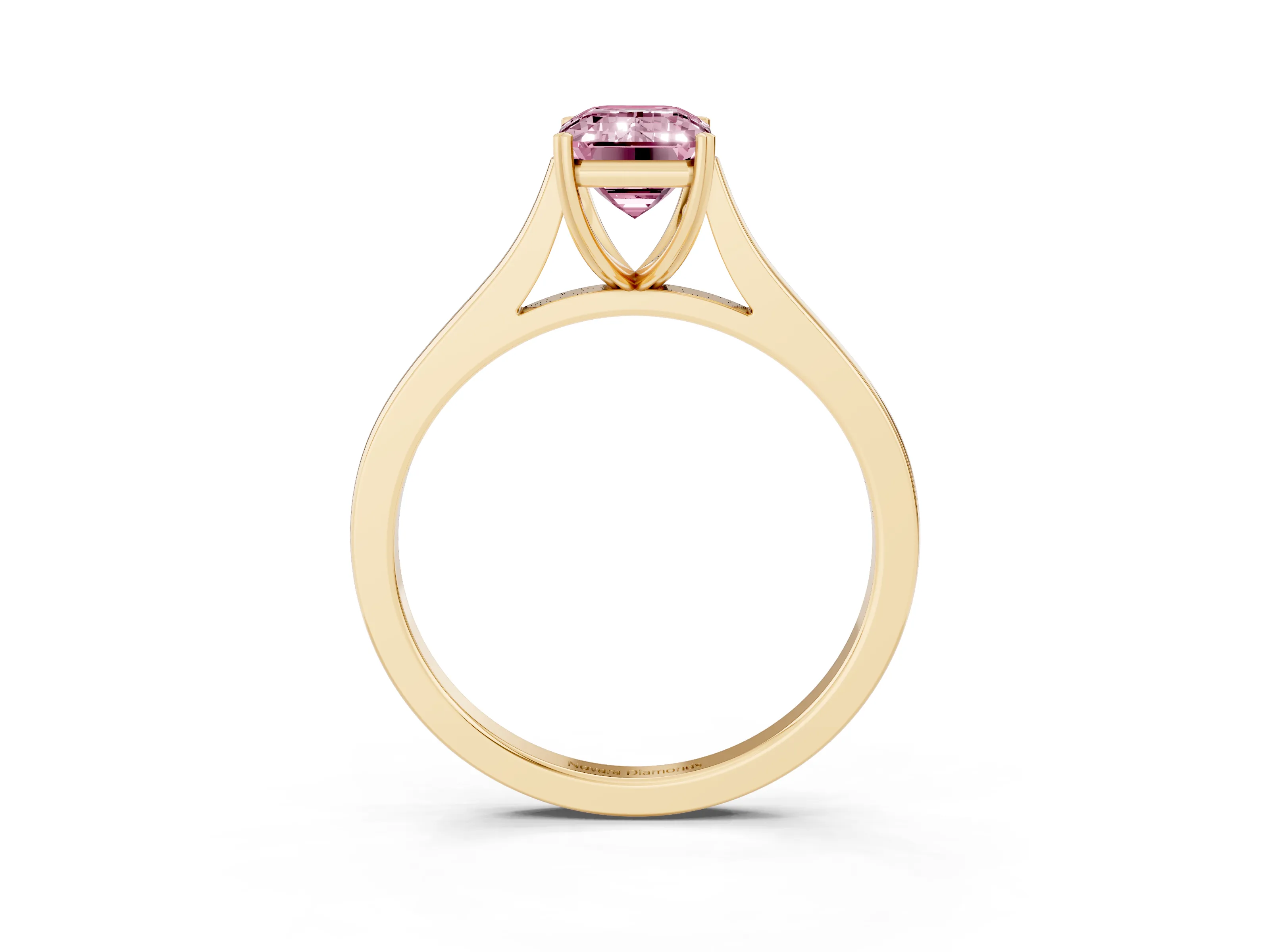 Fancy Pink Emerald Cut Diamond Solitaire Heart Prong Engagement Ring Set in Yellow gold with Tapered Band