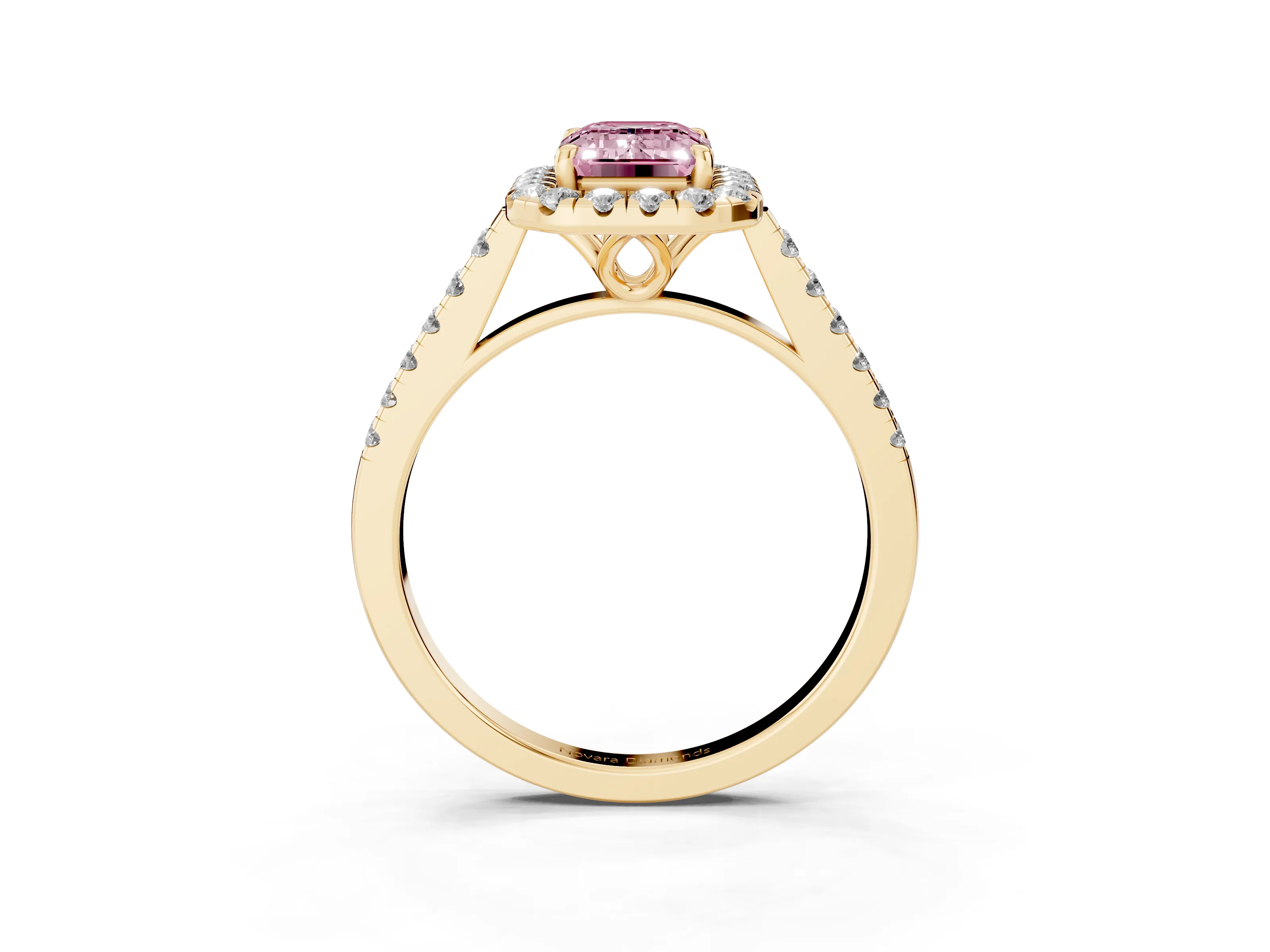 Fancy Pink Emerald Cut Diamond Pavé Halo Engagement Ring Set in Yellow gold with Pavé Band and Prong Setting