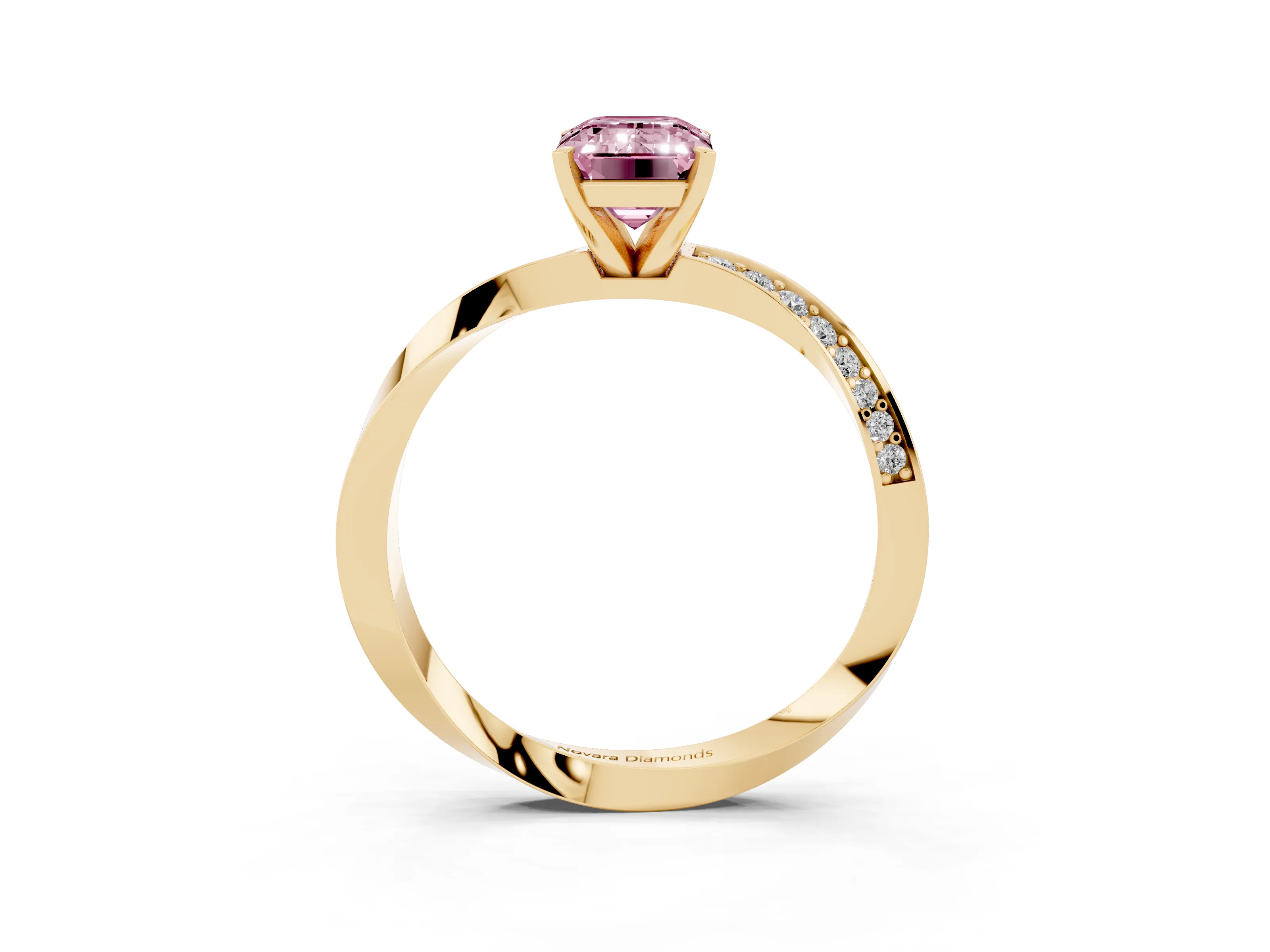 Fancy Pink Emerald Cut Diamond Engagement Ring Set in Yellow gold with Side Stone Accents and Prong Setting