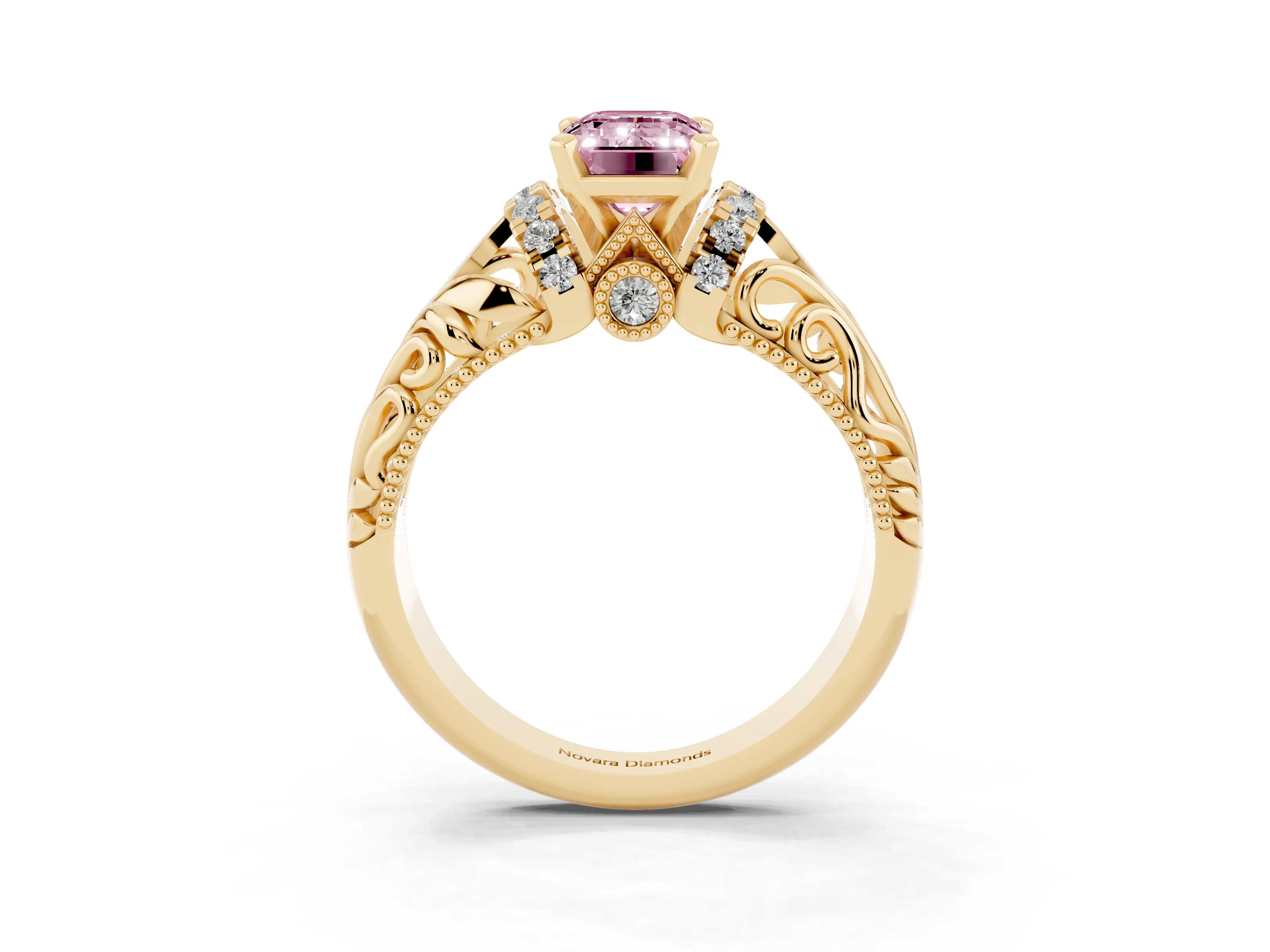 Fancy Pink Emerald Cut Diamond Filigree Halo Engagement Ring Set in Yellow gold with Prong Setting