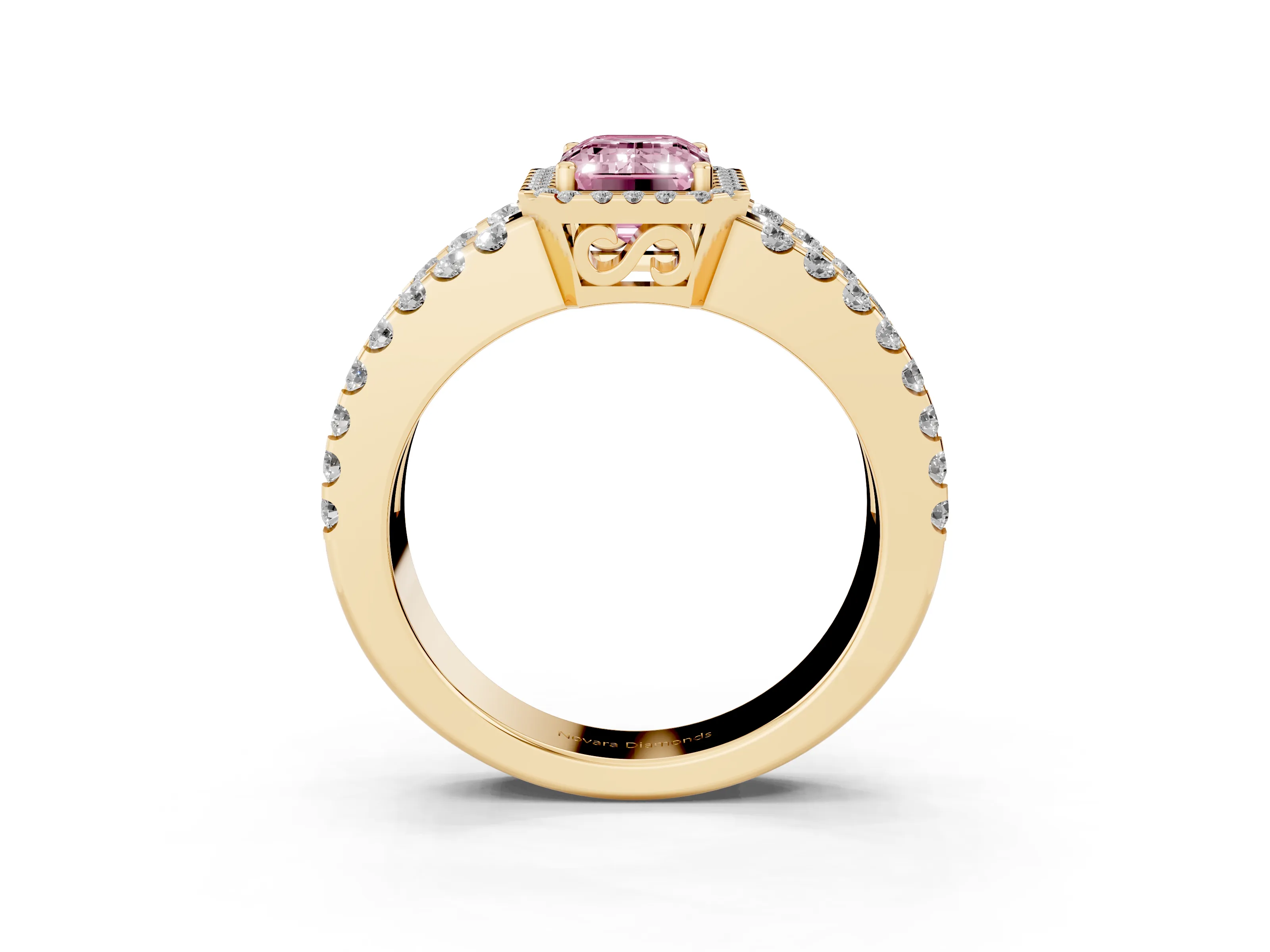 Fancy Pink Emerald Cut Diamond Halo Ring Set in Yellow gold with Pavé Split Shank and Prong Setting