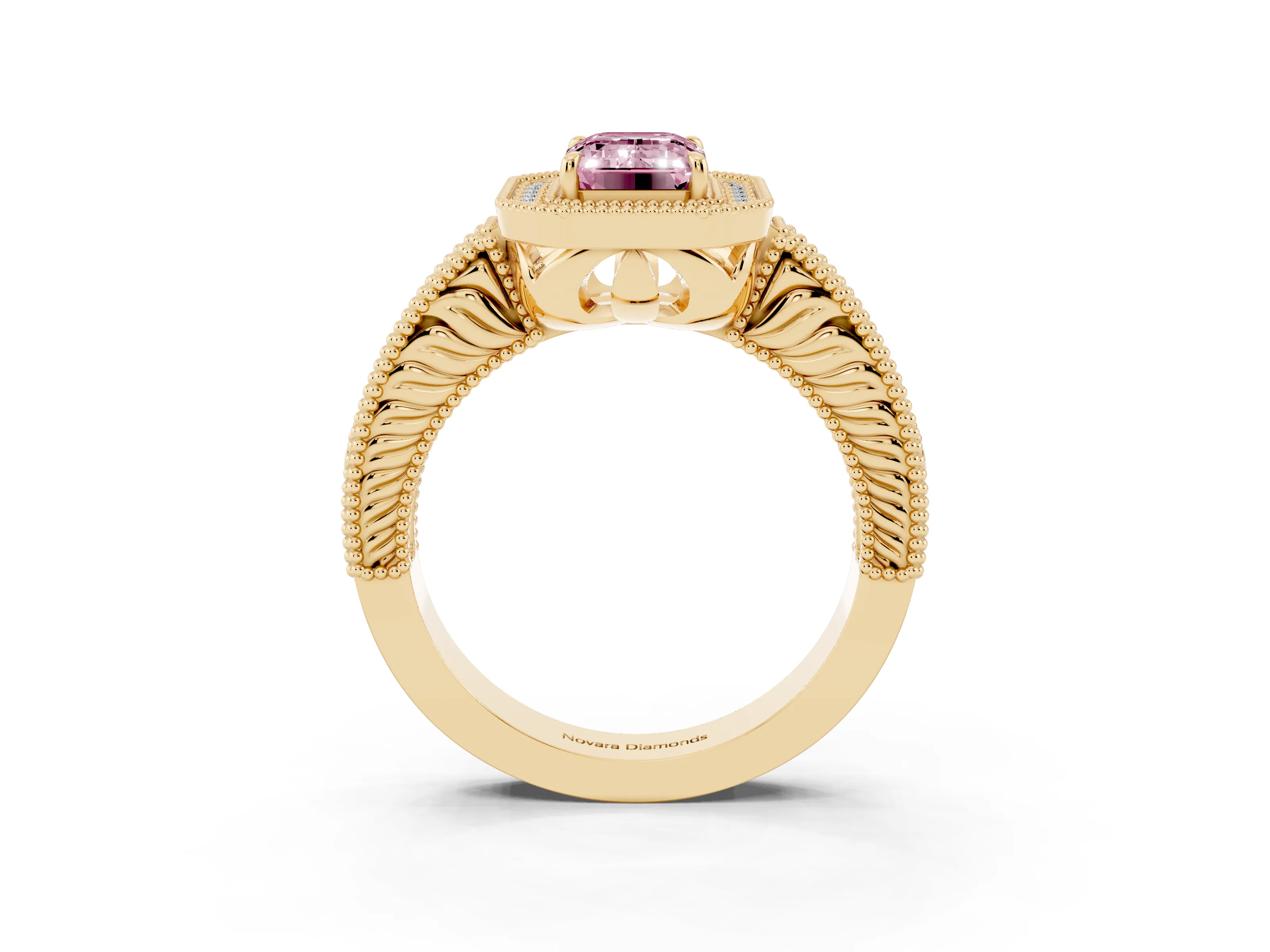 Fancy Pink Emerald Cut Diamond Halo Ring Set in Yellow gold with Round Accent Halo, Pavé Band and Prong Setting